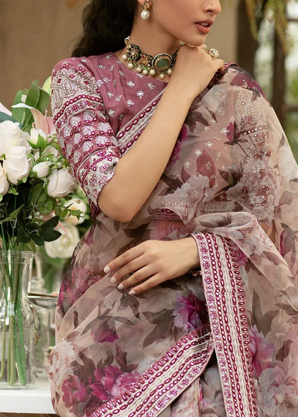 Blush Floral Organza Sari with Embroidered Blouse Image - 3