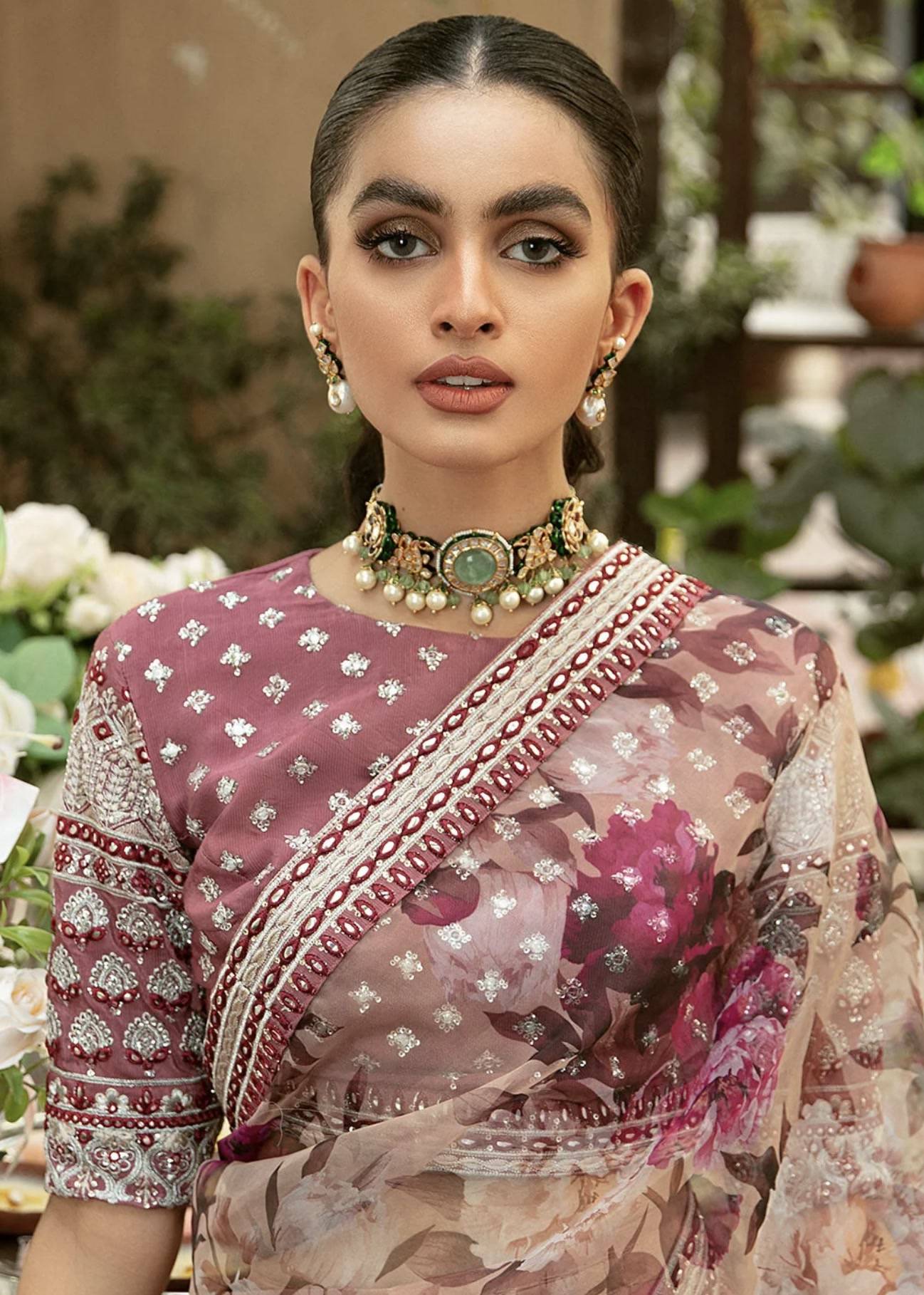 Blush Floral Organza Sari with Embroidered Blouse Image - 2