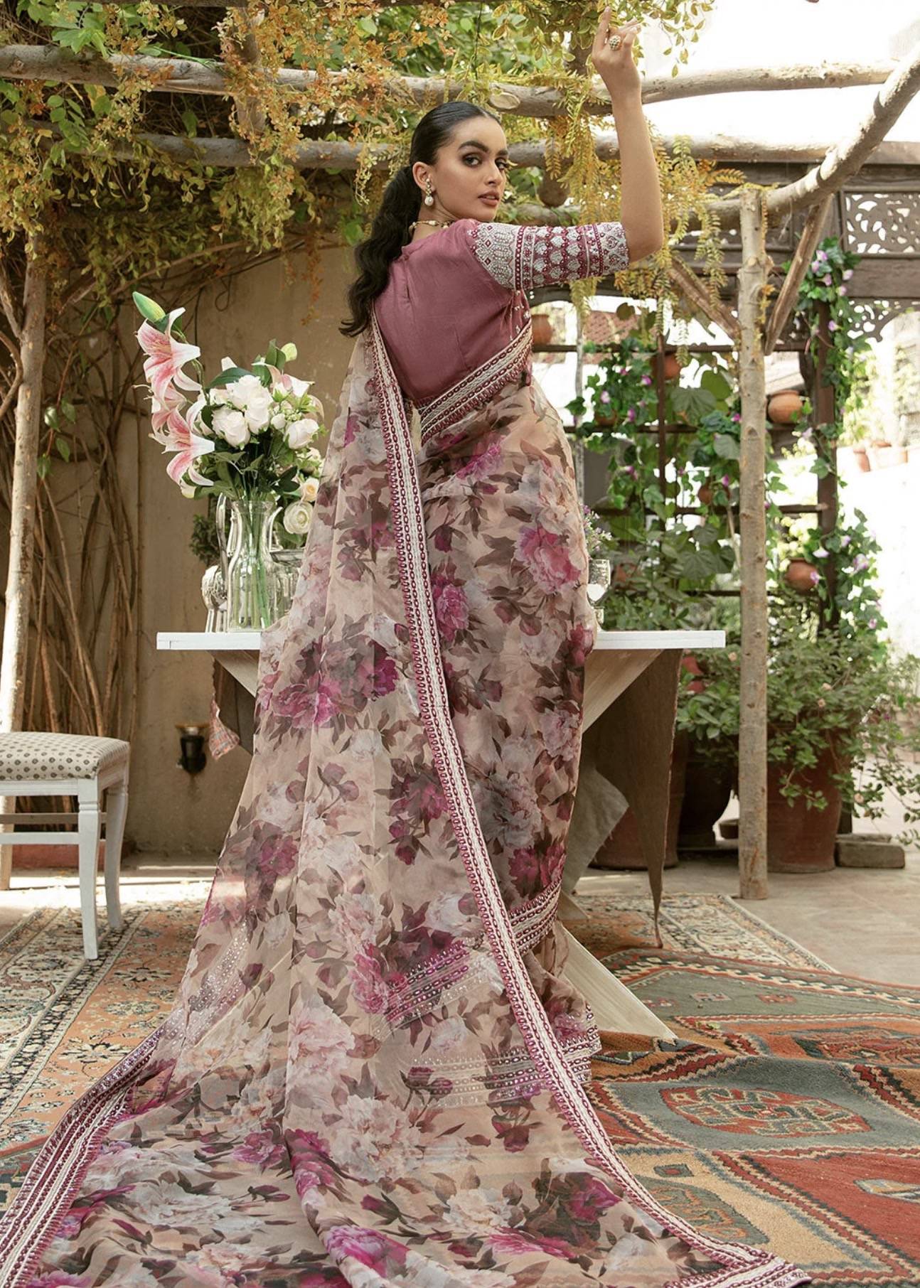 Blush Floral Organza Sari with Embroidered Blouse Image - 1