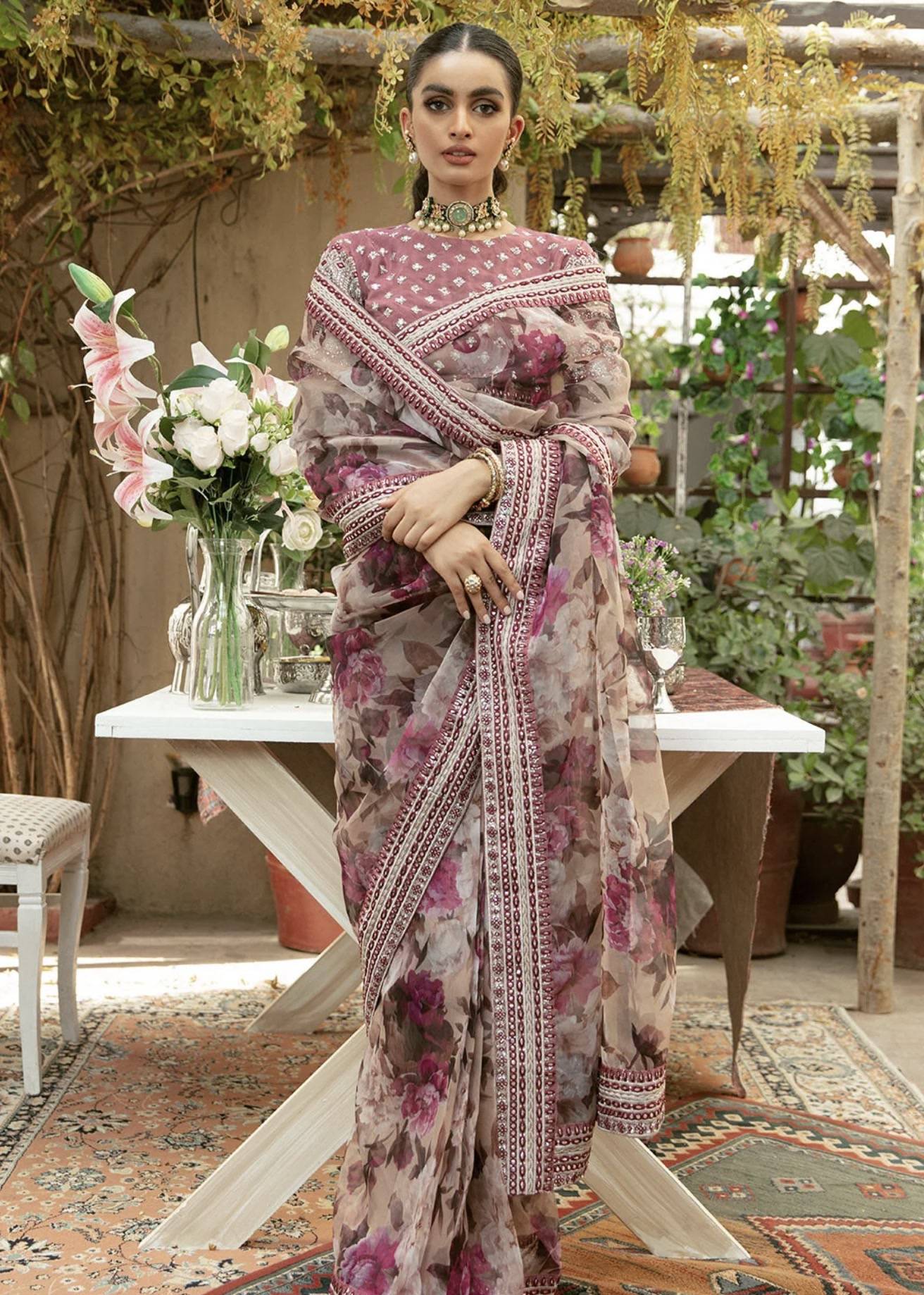 Blush Floral Organza Sari with Embroidered Blouse Image - 0