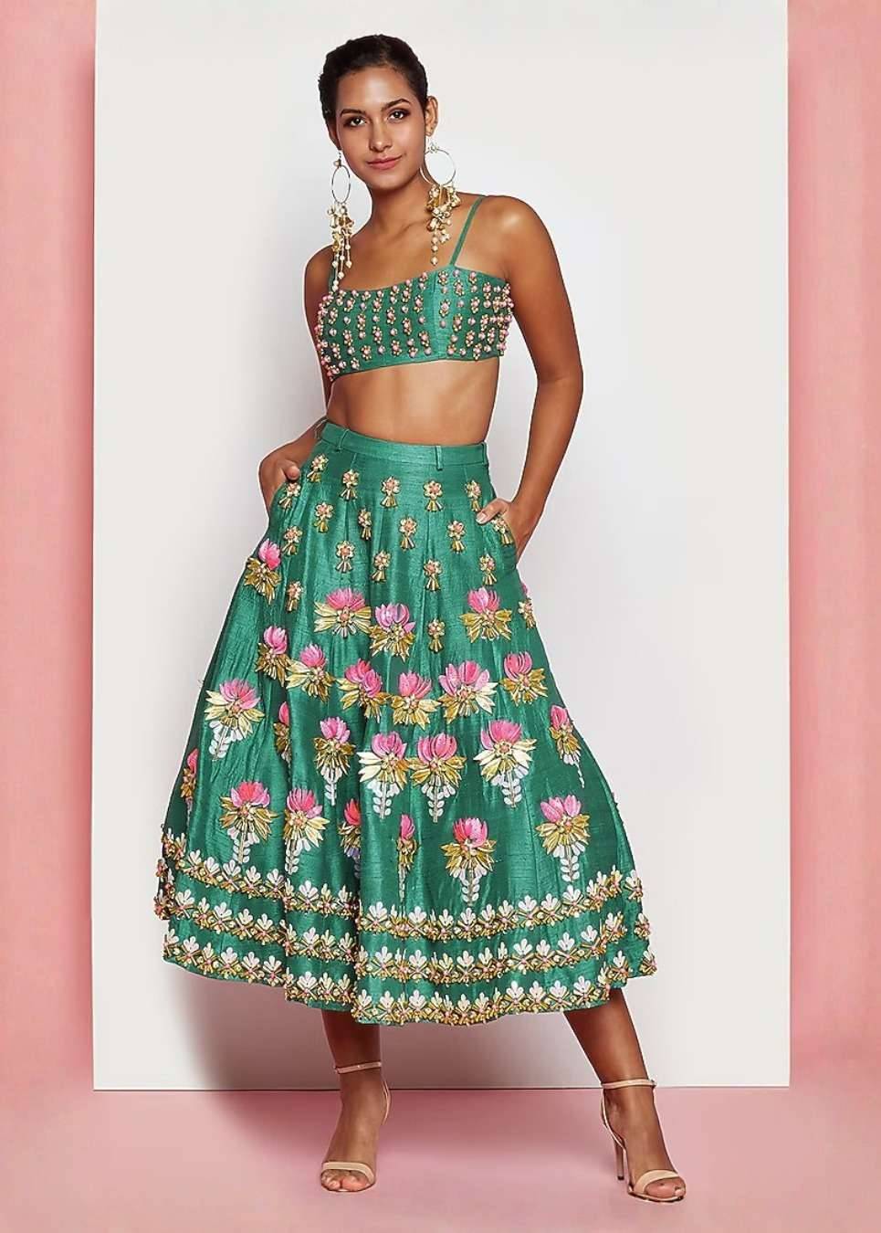 Green Floral Short Lehenga Set Image - 0