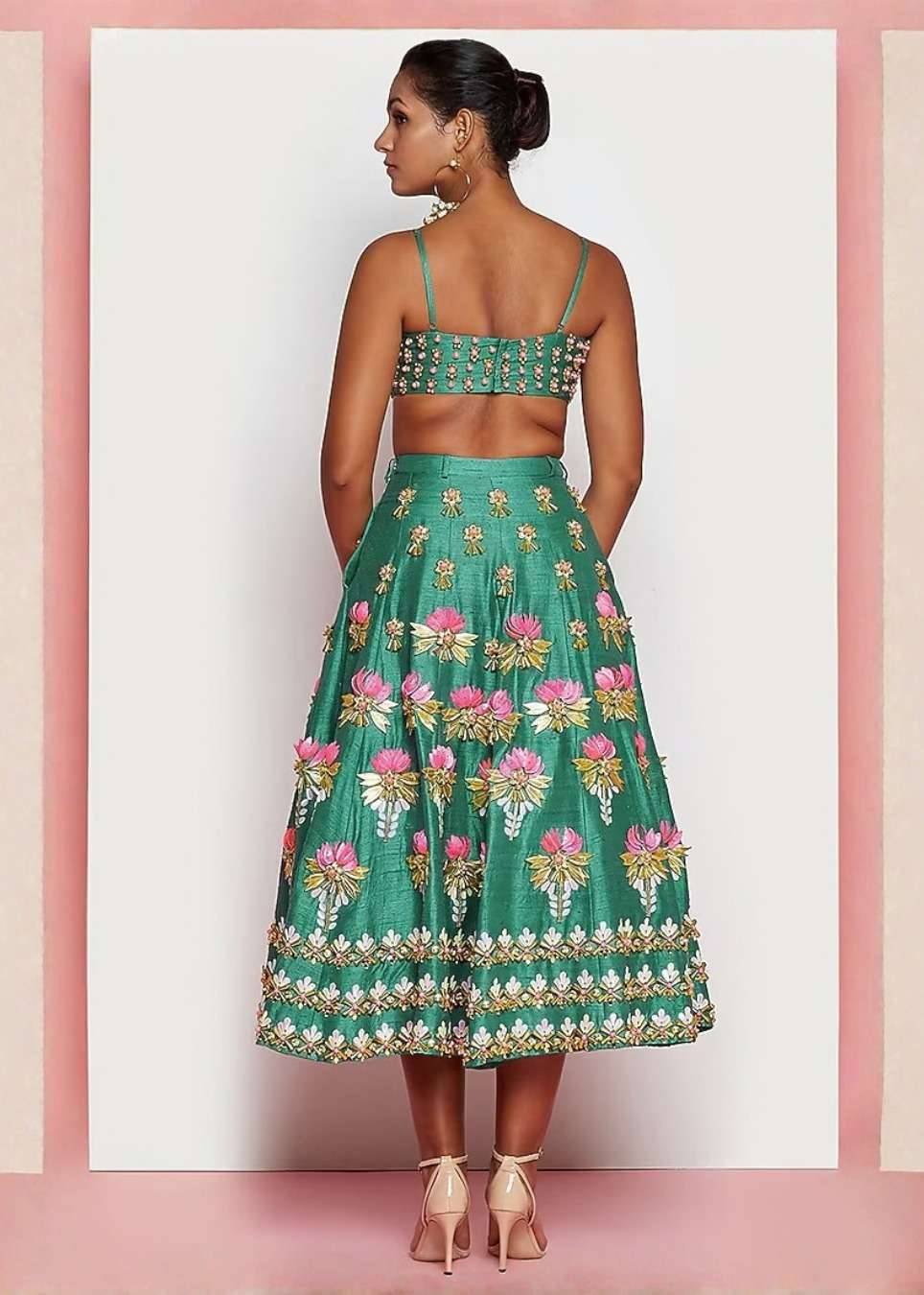 Green Floral Short Lehenga Set Image - 1