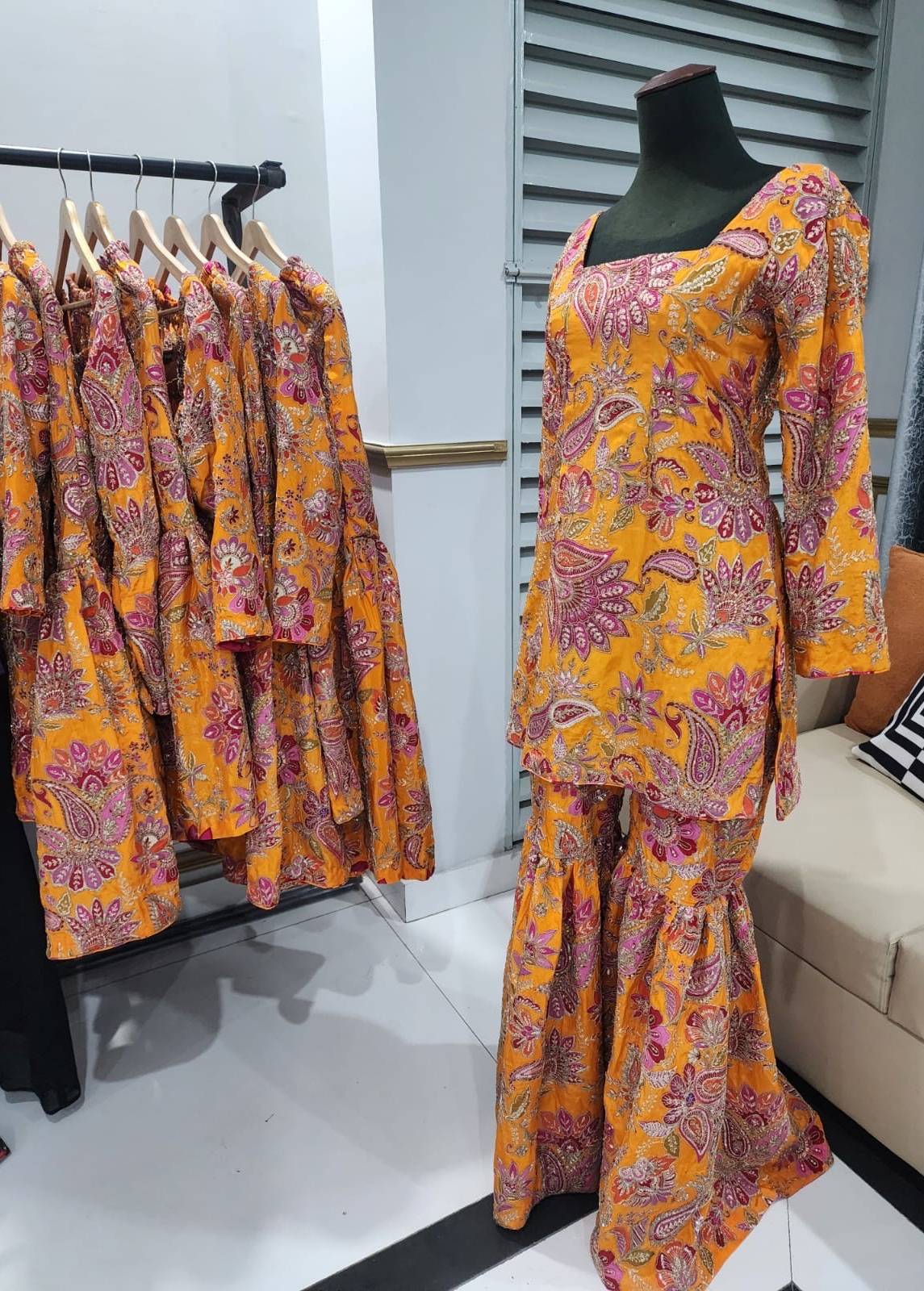 Orange Embroidered Sharara Set Image - 0
