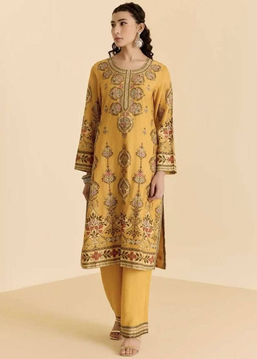Yellow Floral Embroidered Kurta Set Image - 0