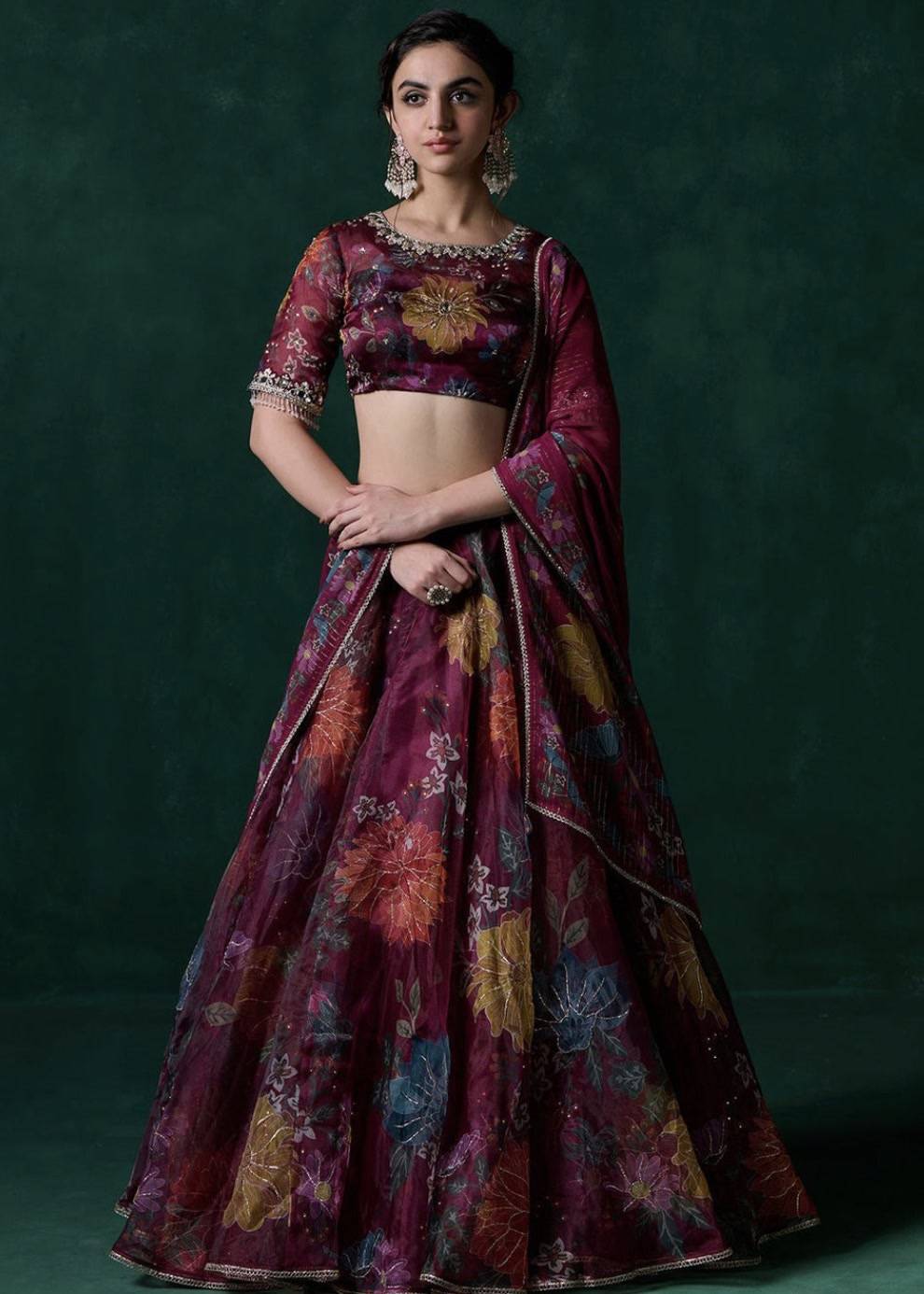 Wine Floral Organza Lehenga Set Image - 0