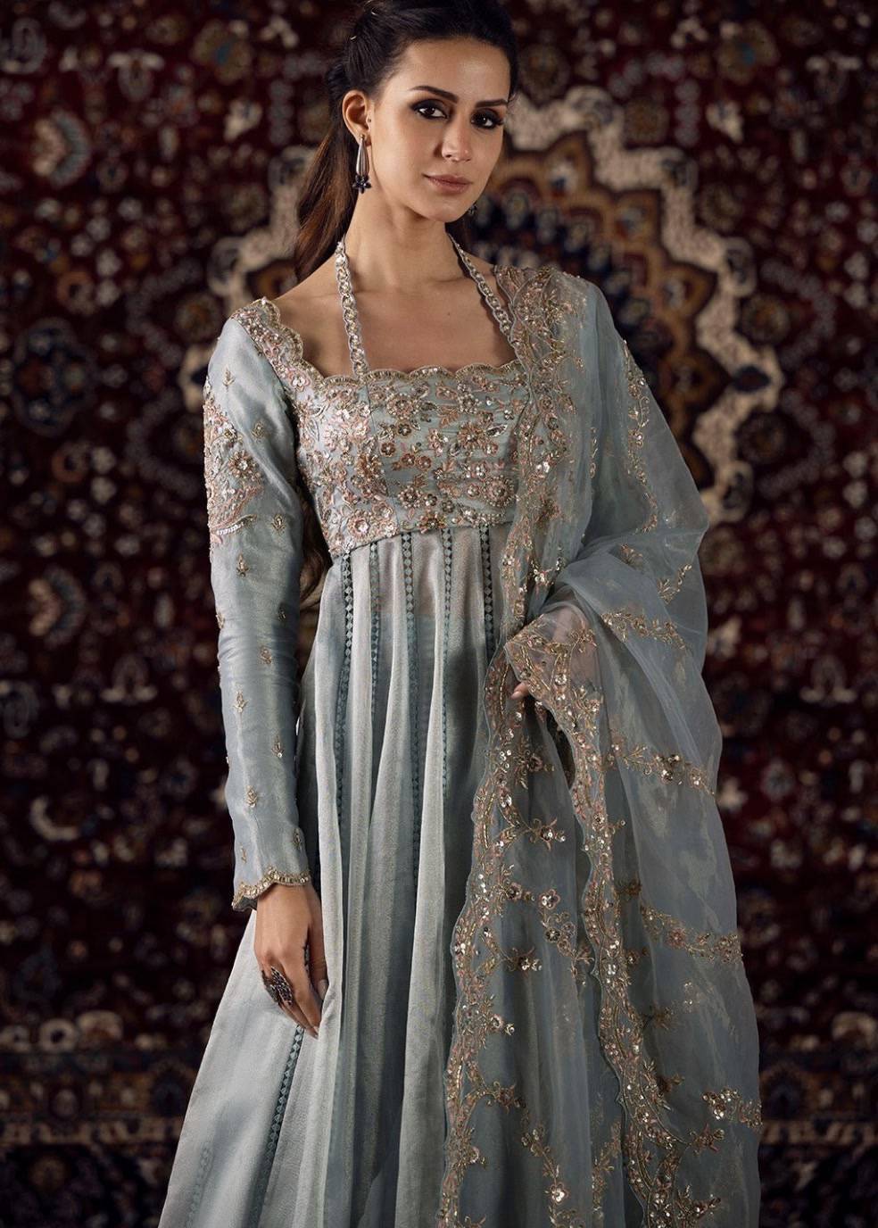 Ice Blue Embellished Anarkali Set Image - 2