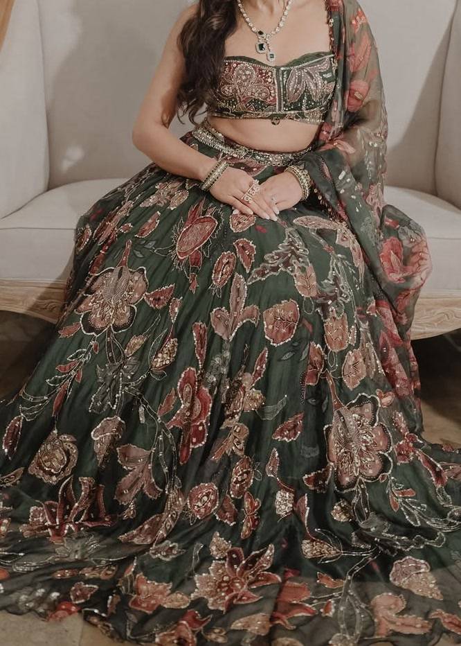 Dark Green Floral Embroidered Lehenga Set Image - 5