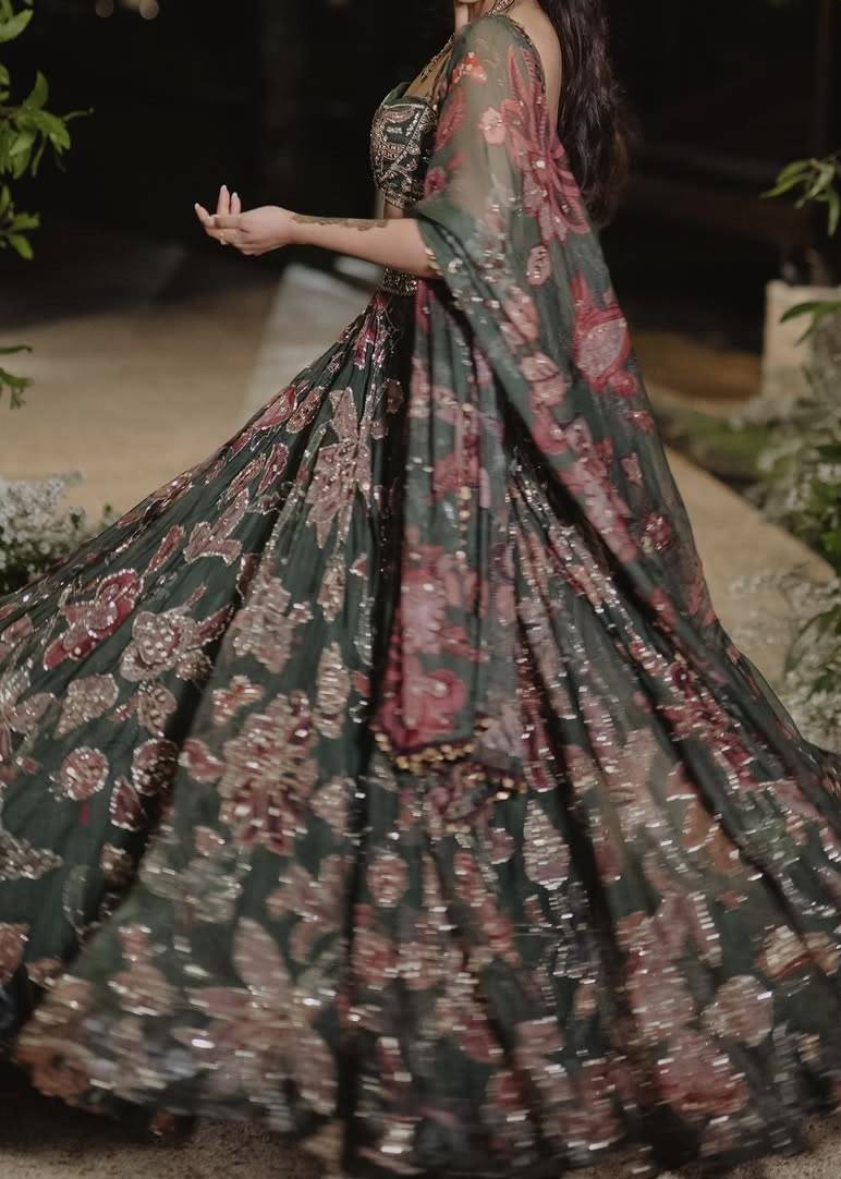 Dark Green Floral Embroidered Lehenga Set Image - 6
