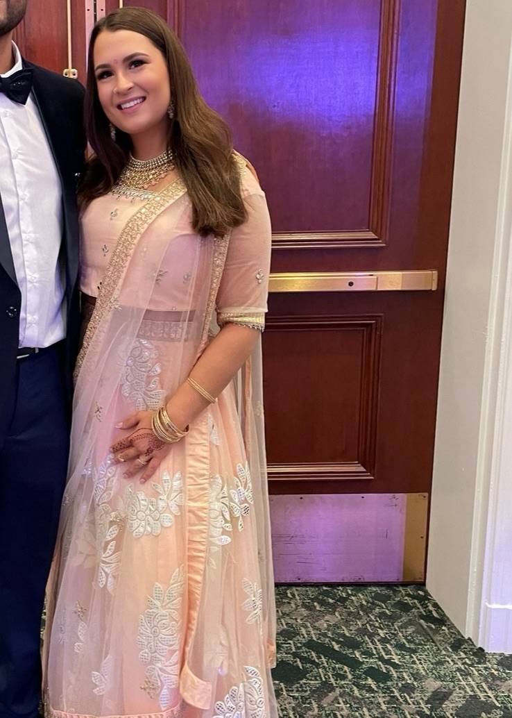 Peach Foil Embroidered Net Lehenga Image - 1