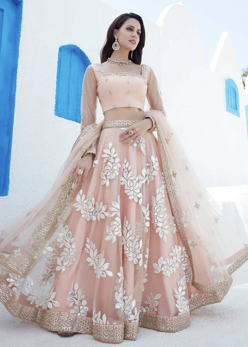 Peach Foil Embroidered Net Lehenga Image - 0