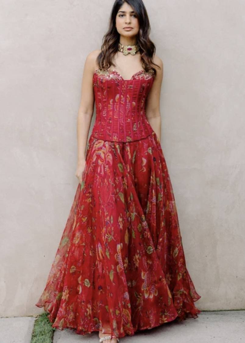 Red Floral Corset Gown Image - 1