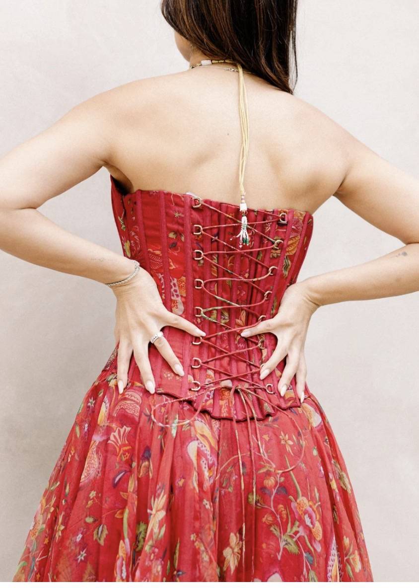 Red Floral Corset Gown Image - 2