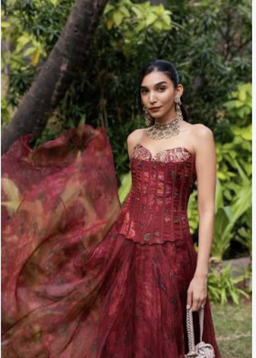 Red Floral Corset Gown Image - 4
