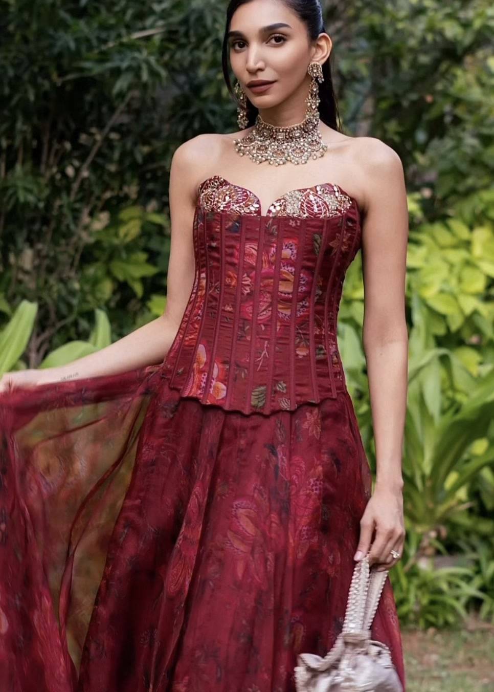 Red Floral Corset Gown Image - 3