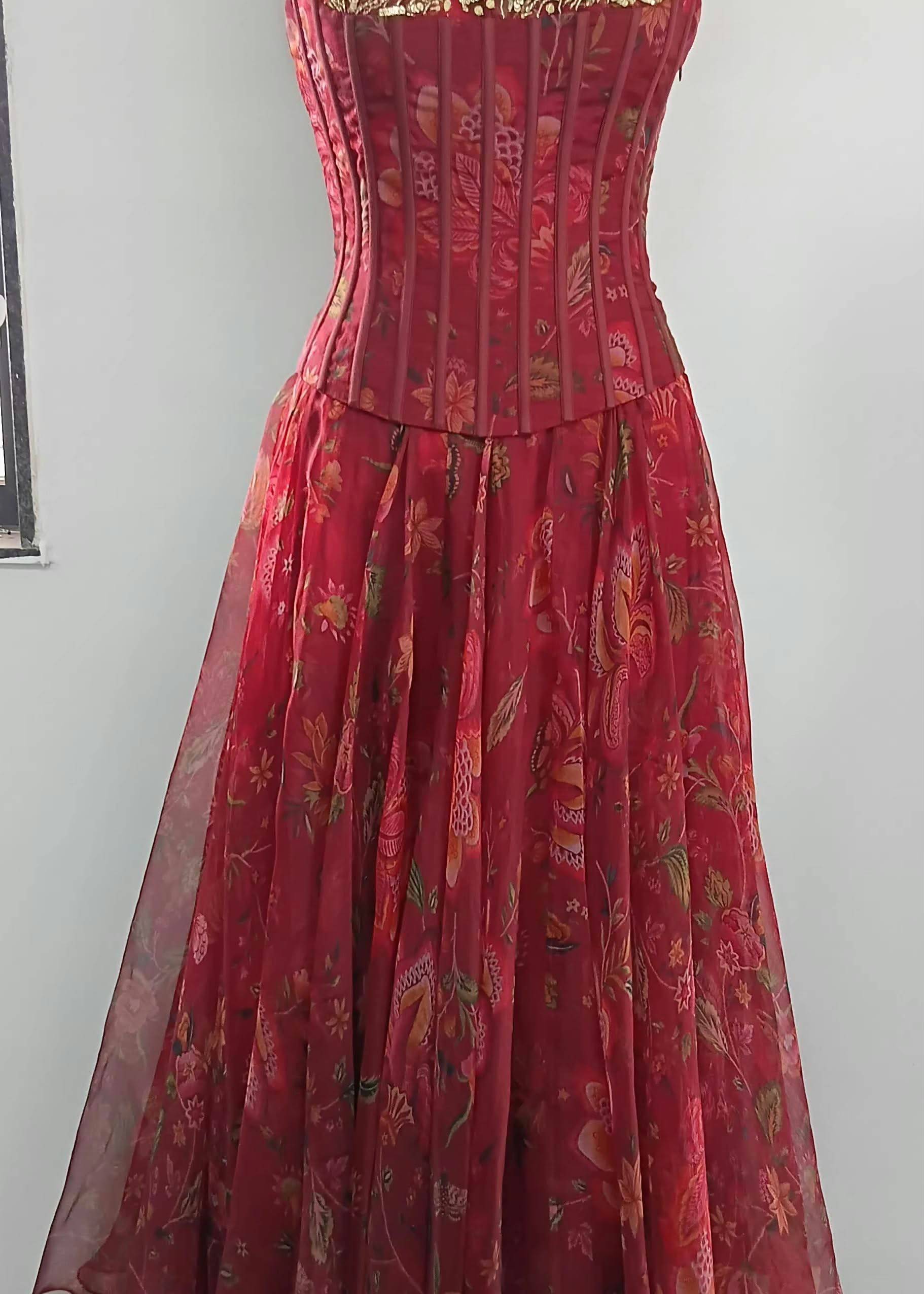 Red Floral Corset Gown Image - 5