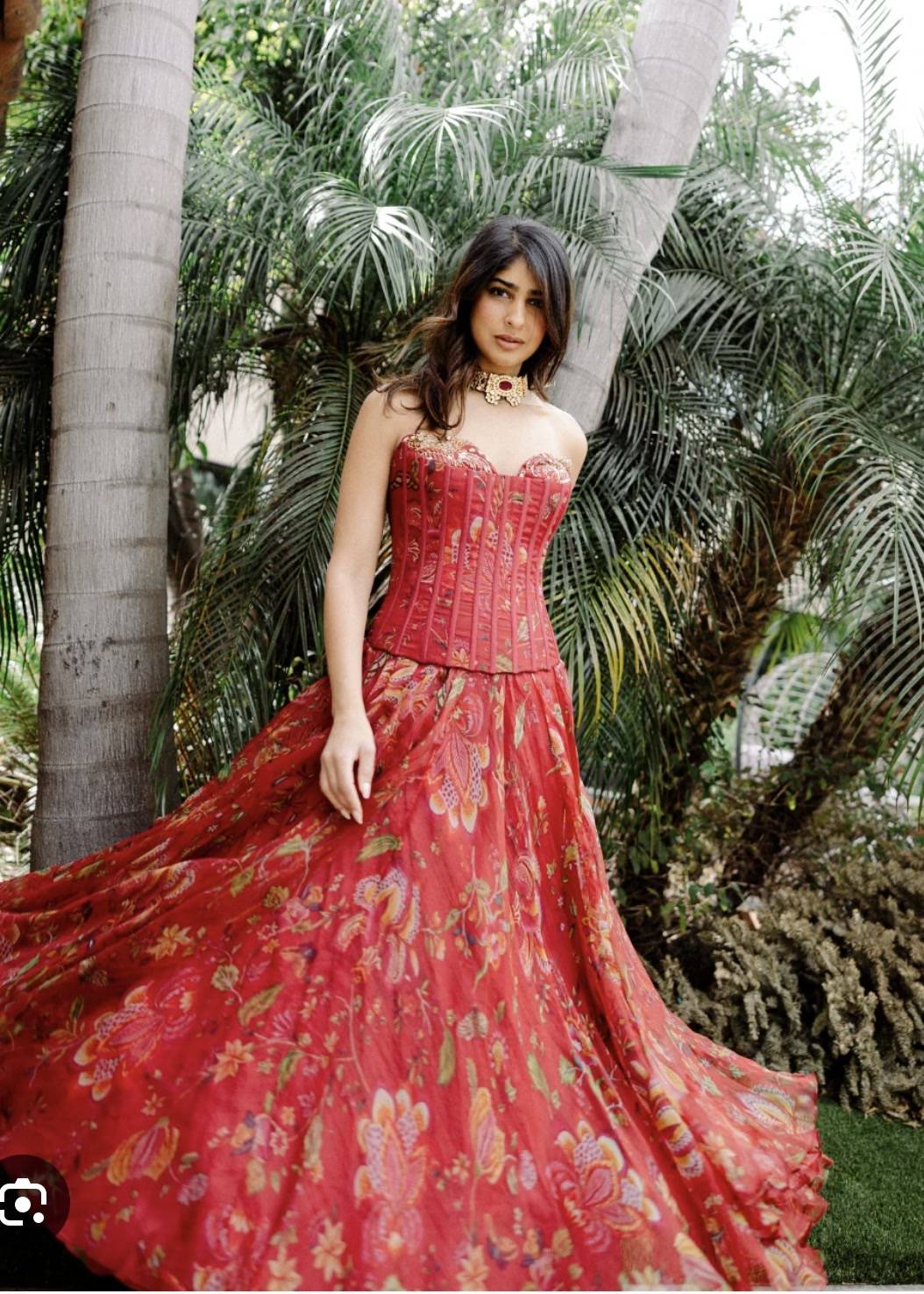 Red Floral Corset Gown Image - 0