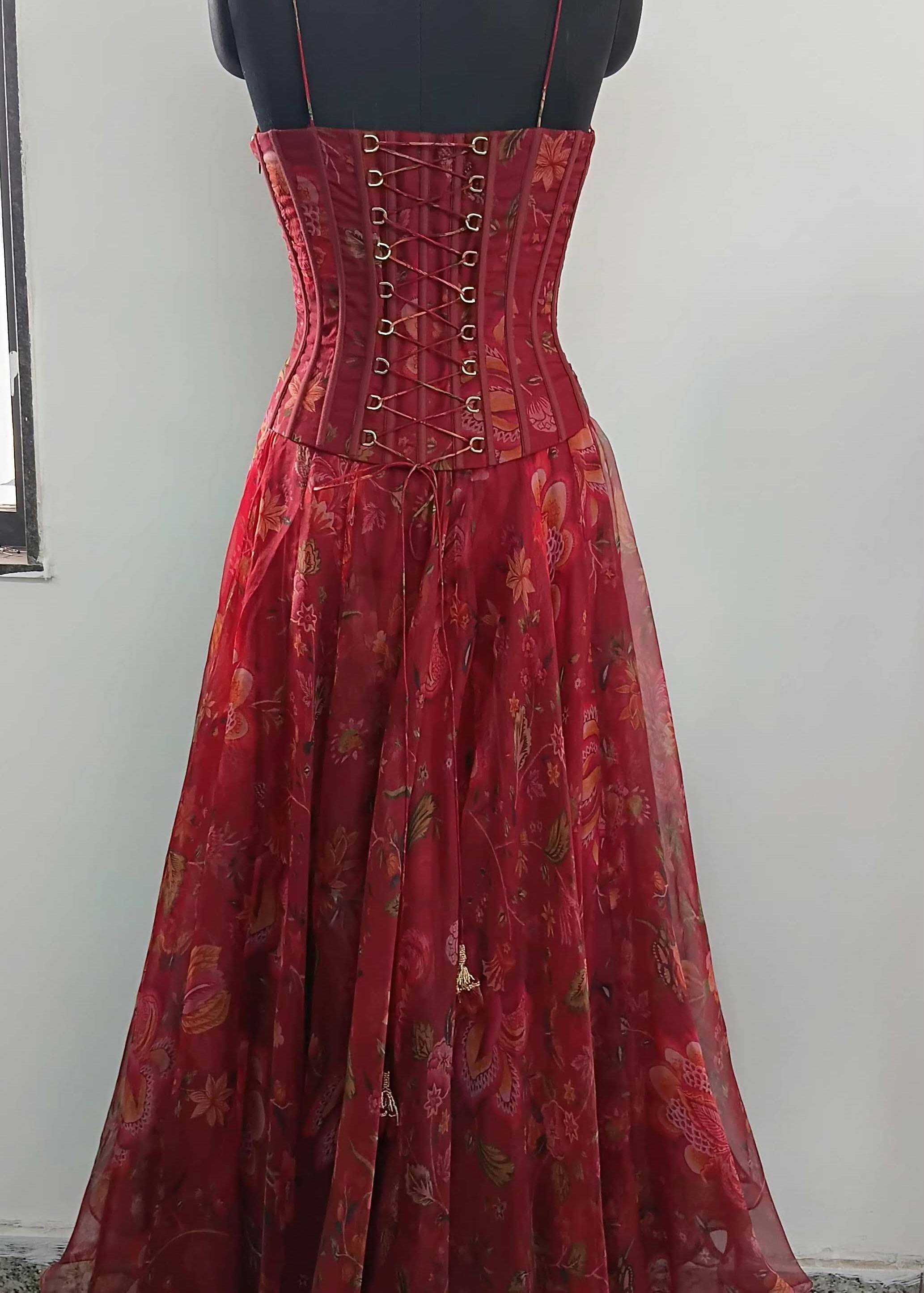 Red Floral Corset Gown Image - 7