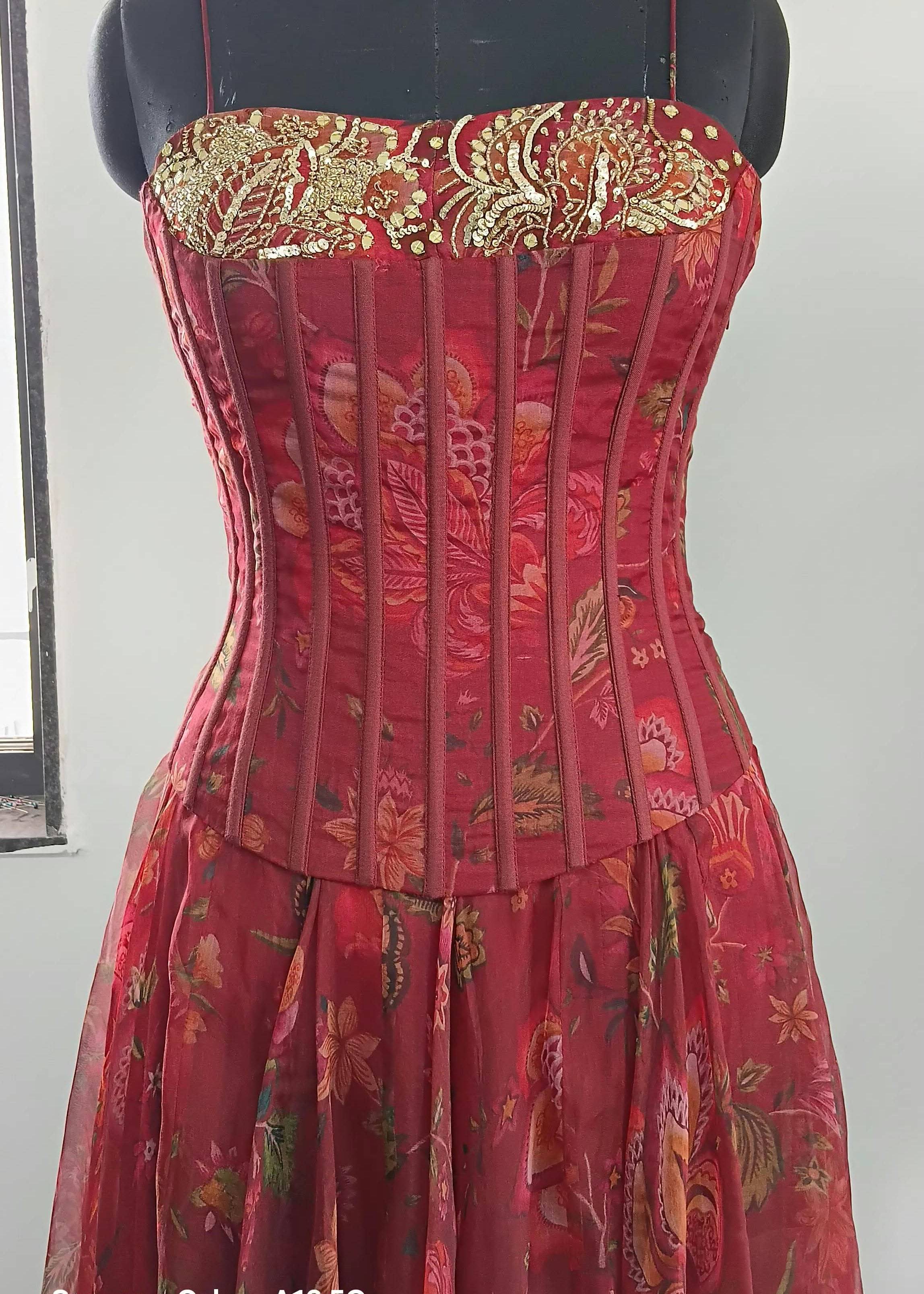 Red Floral Corset Gown Image - 6