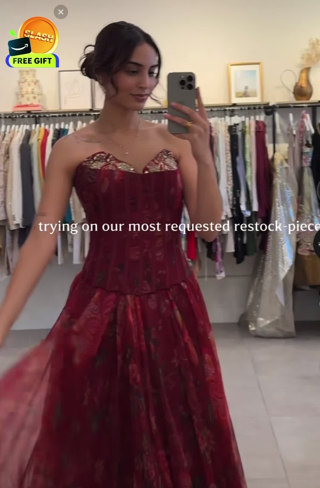Red Floral Corset Gown Image - 8