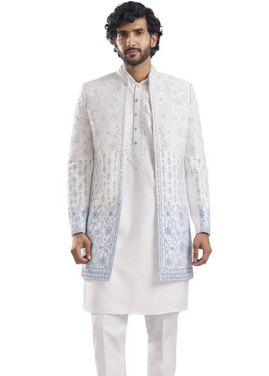 White and Blue Embroidered Sherwani Set Image - 2