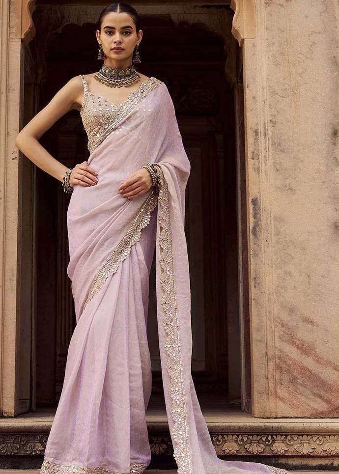 Lilac Mirror Work Sari with Embellished Border Image - 0