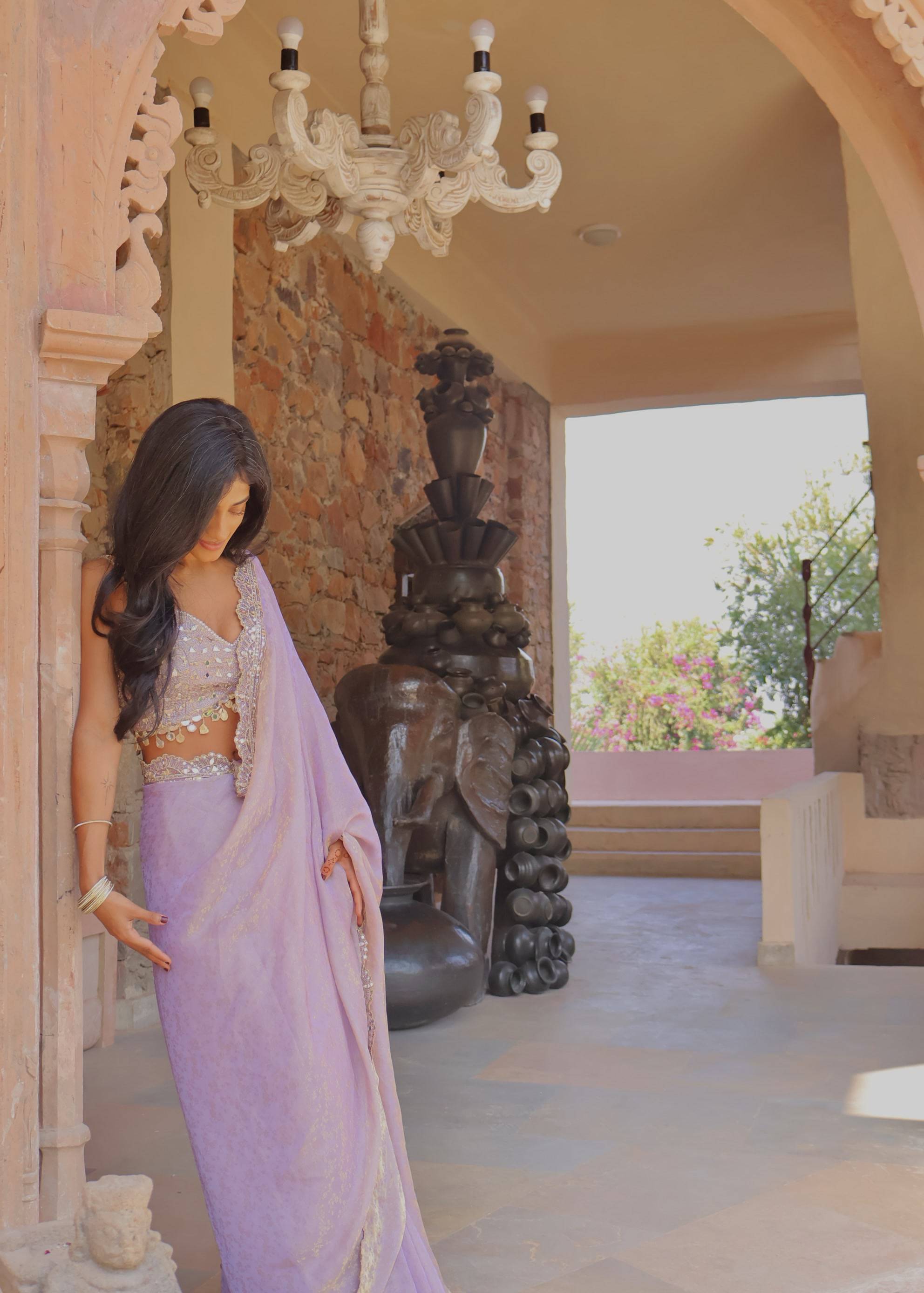 Lilac Mirror Work Sari with Embellished Border Image - 3