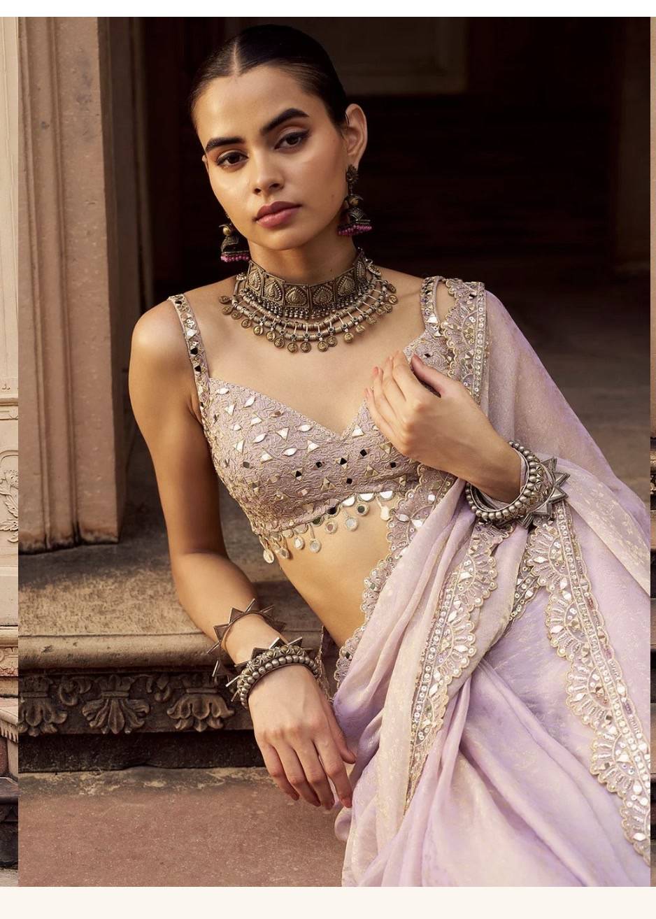 Lilac Mirror Work Sari with Embellished Border Image - 4