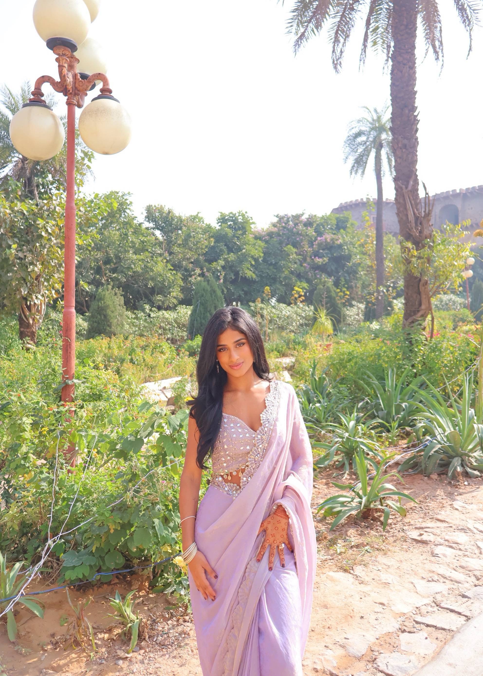 Lilac Mirror Work Sari with Embellished Border Image - 2