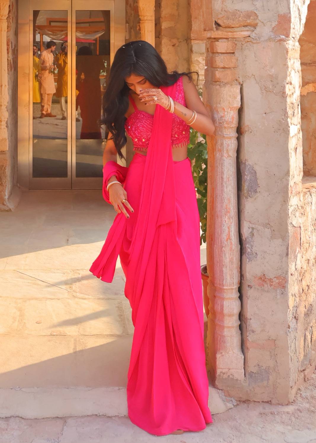 Hot Pink Sequin Sari Image - 3