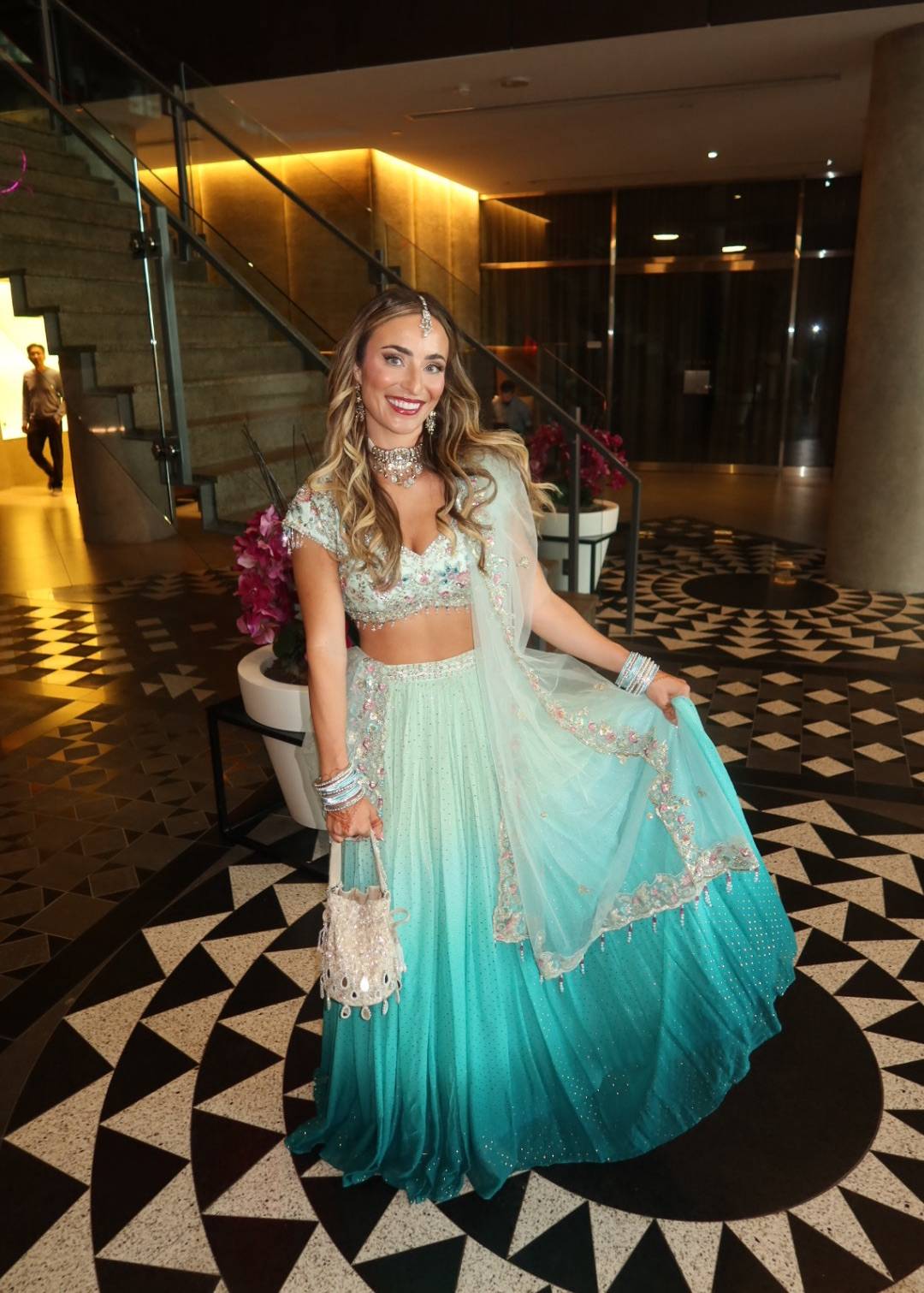 Mint to Teal Ombré Embellished Lehenga Set Image - 0