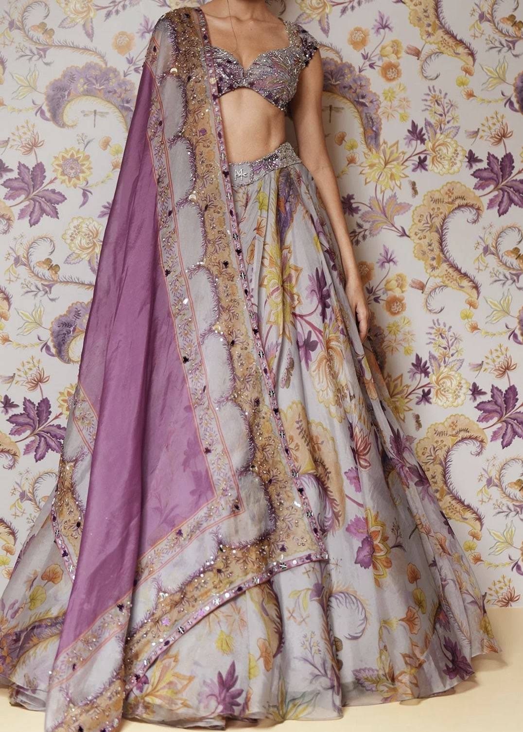 Lilac Floral Organza Lehenga Set Image - 0
