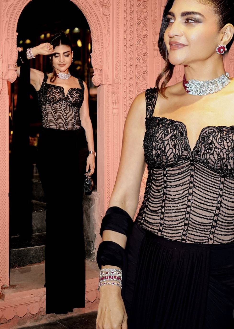 Black Beaded Corset Pre-Draped Sari Image - 1