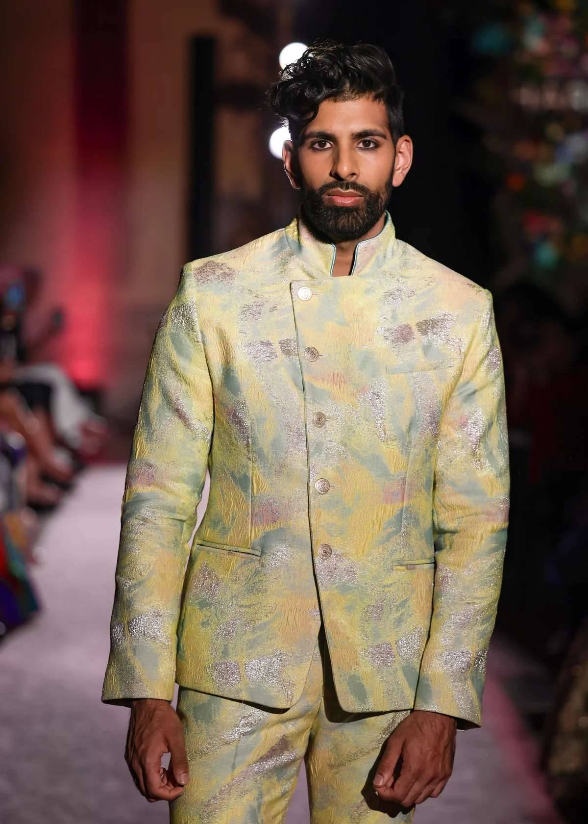 NAMUR Mint and Yellow Jodhpuri Nehru Suit Jacket Image - 0