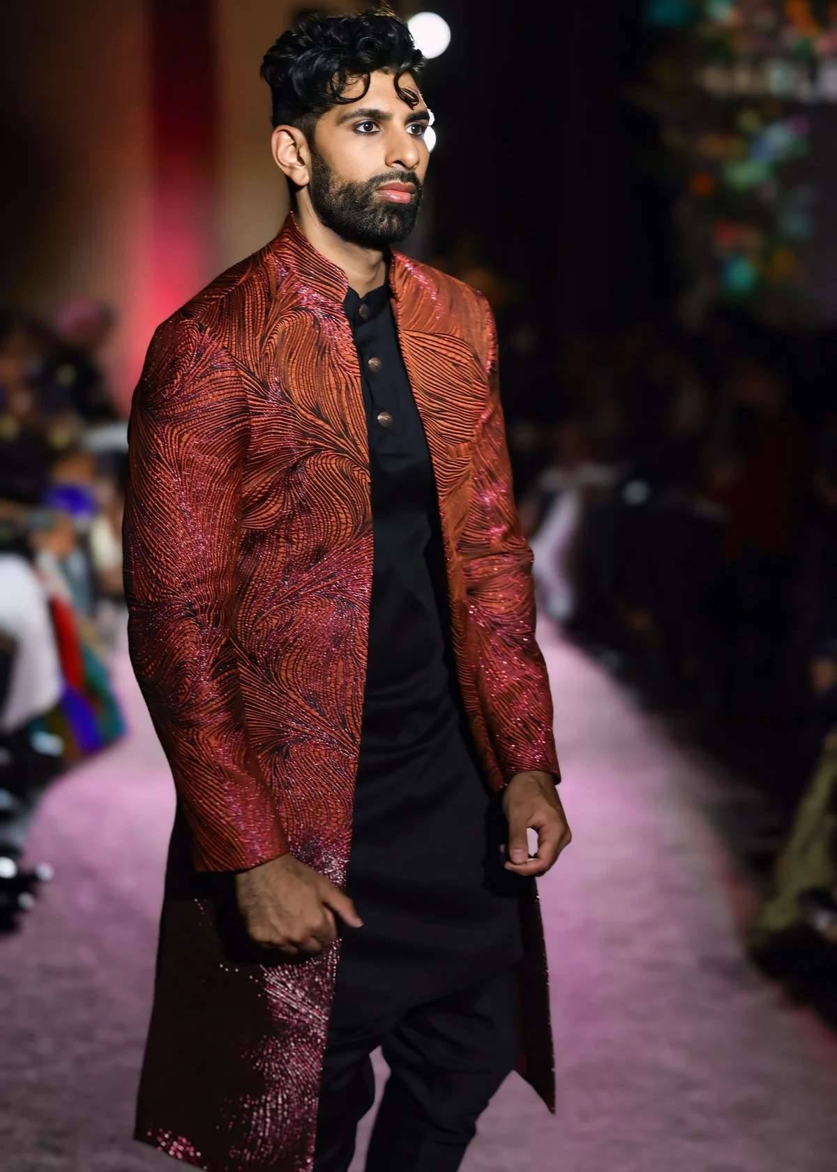 VIVEK Pink and Orange Metallic Ombre Sherwani Jacket Image - 0