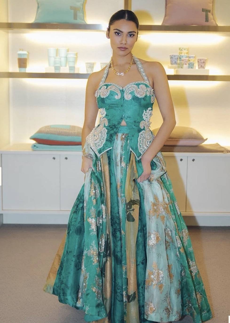 Teal & Gold Floral Organza Corset Lehenga Image - 1