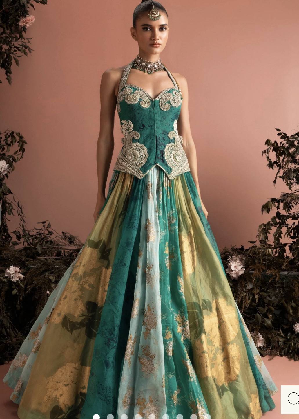 Teal & Gold Floral Organza Corset Lehenga Image - 0