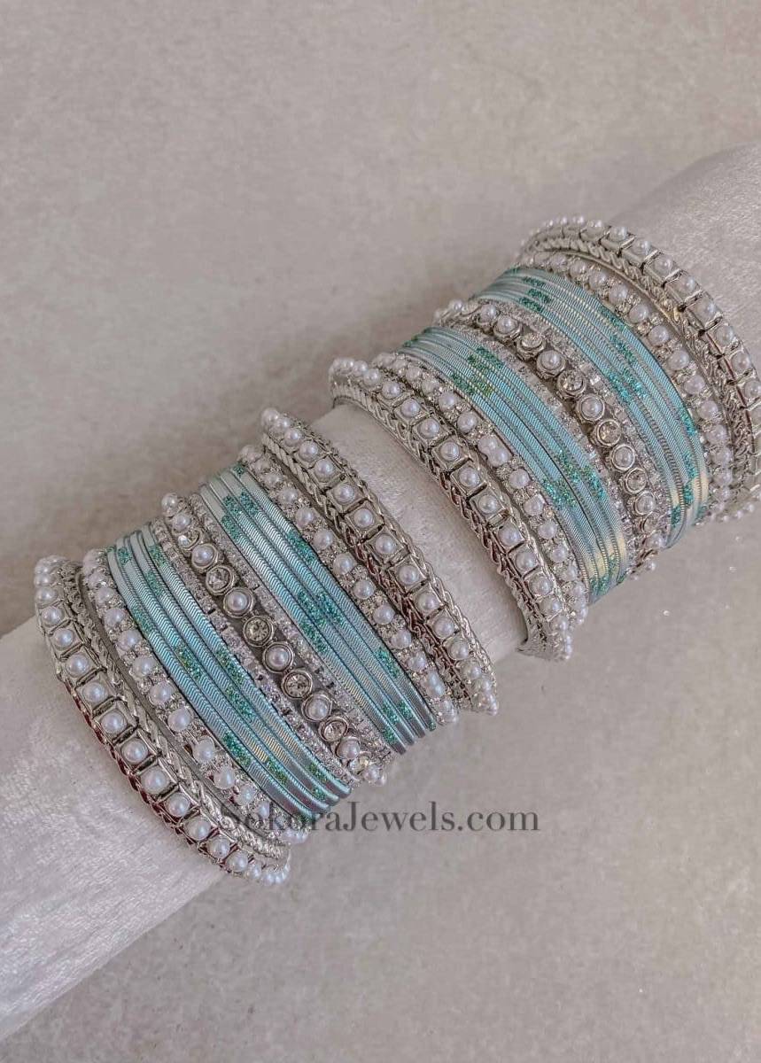 Powder Blue & Silver Pearl Bangle Set Image - 2