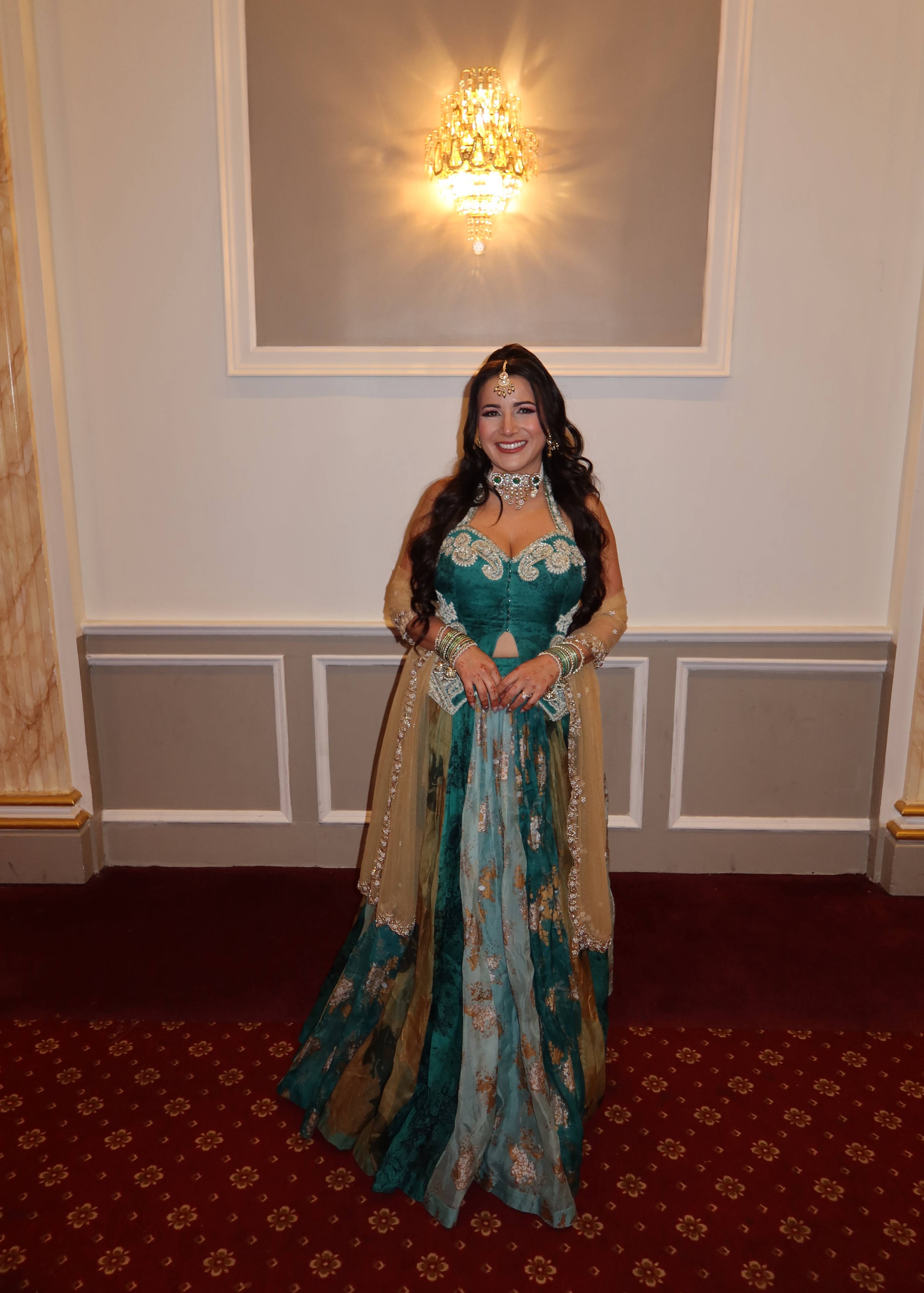 Teal & Gold Floral Organza Corset Lehenga Image - 2