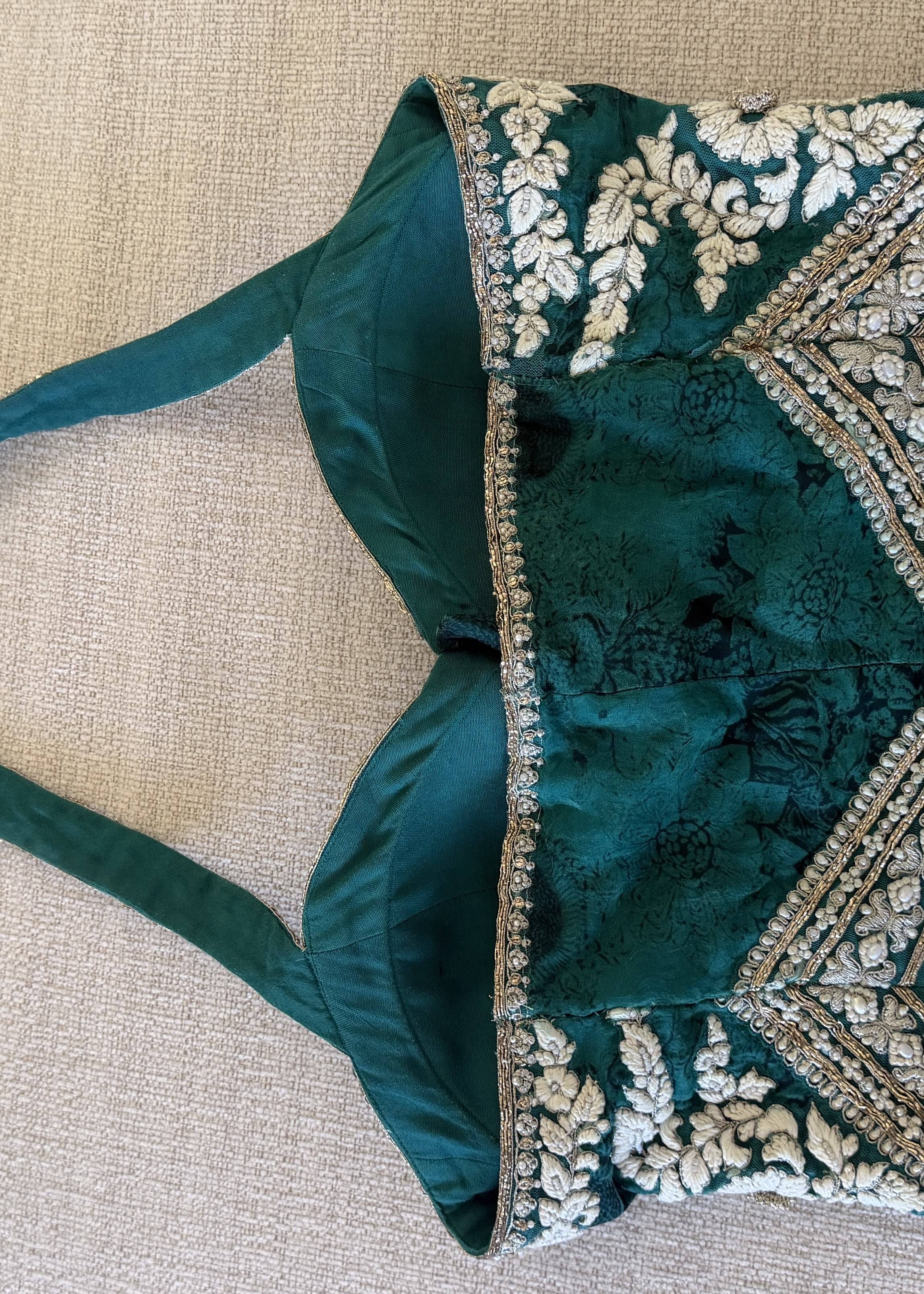 Teal & Gold Floral Organza Corset Lehenga Image - 4