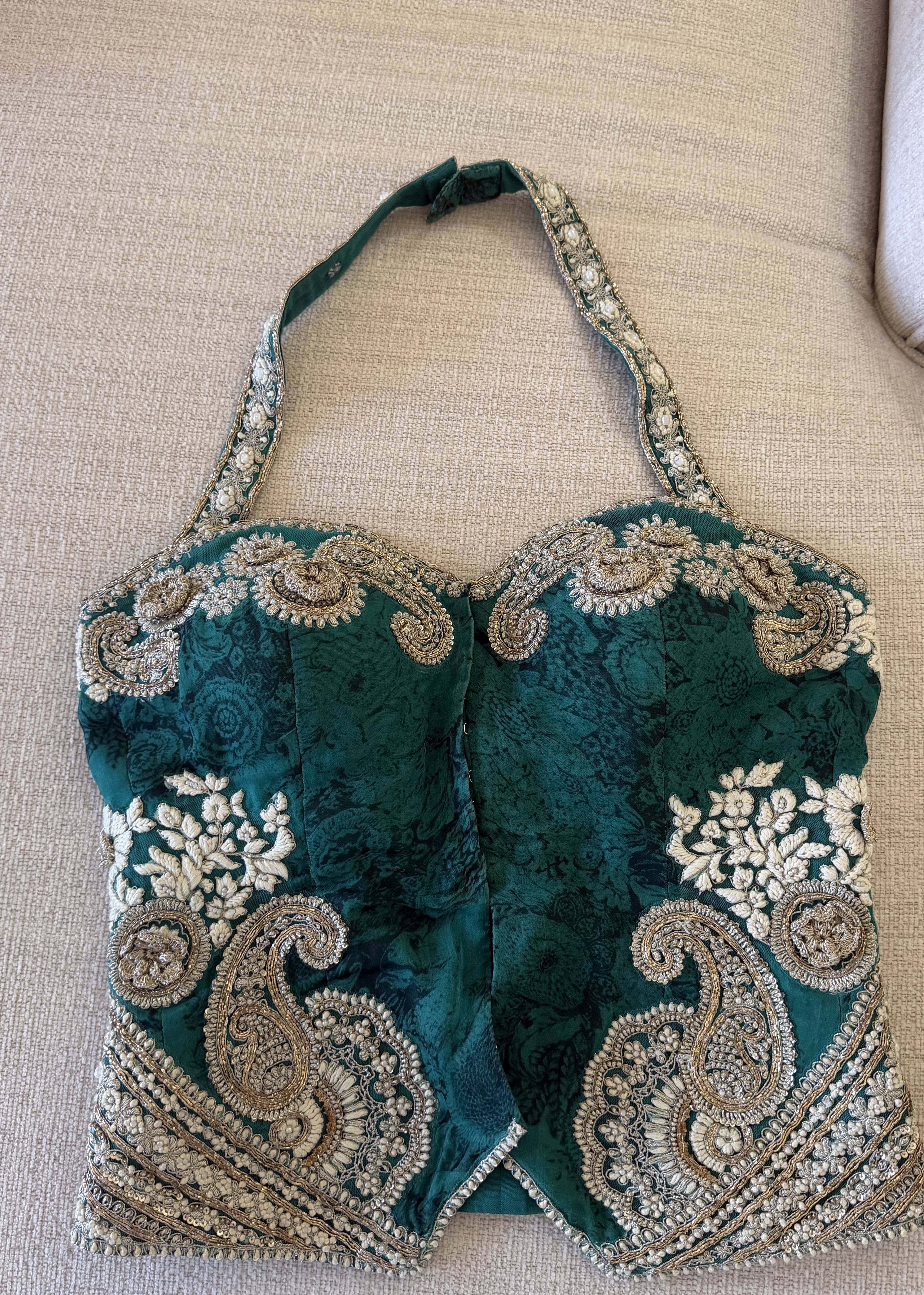 Teal & Gold Floral Organza Corset Lehenga Image - 3