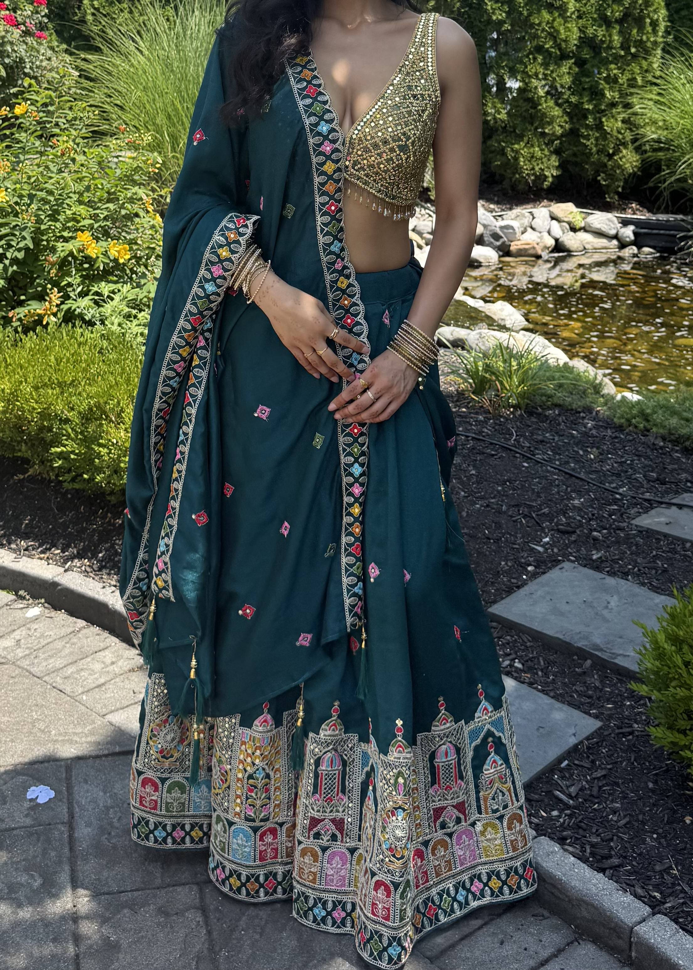 Teal Mirror Work Lehenga Set Image - 0