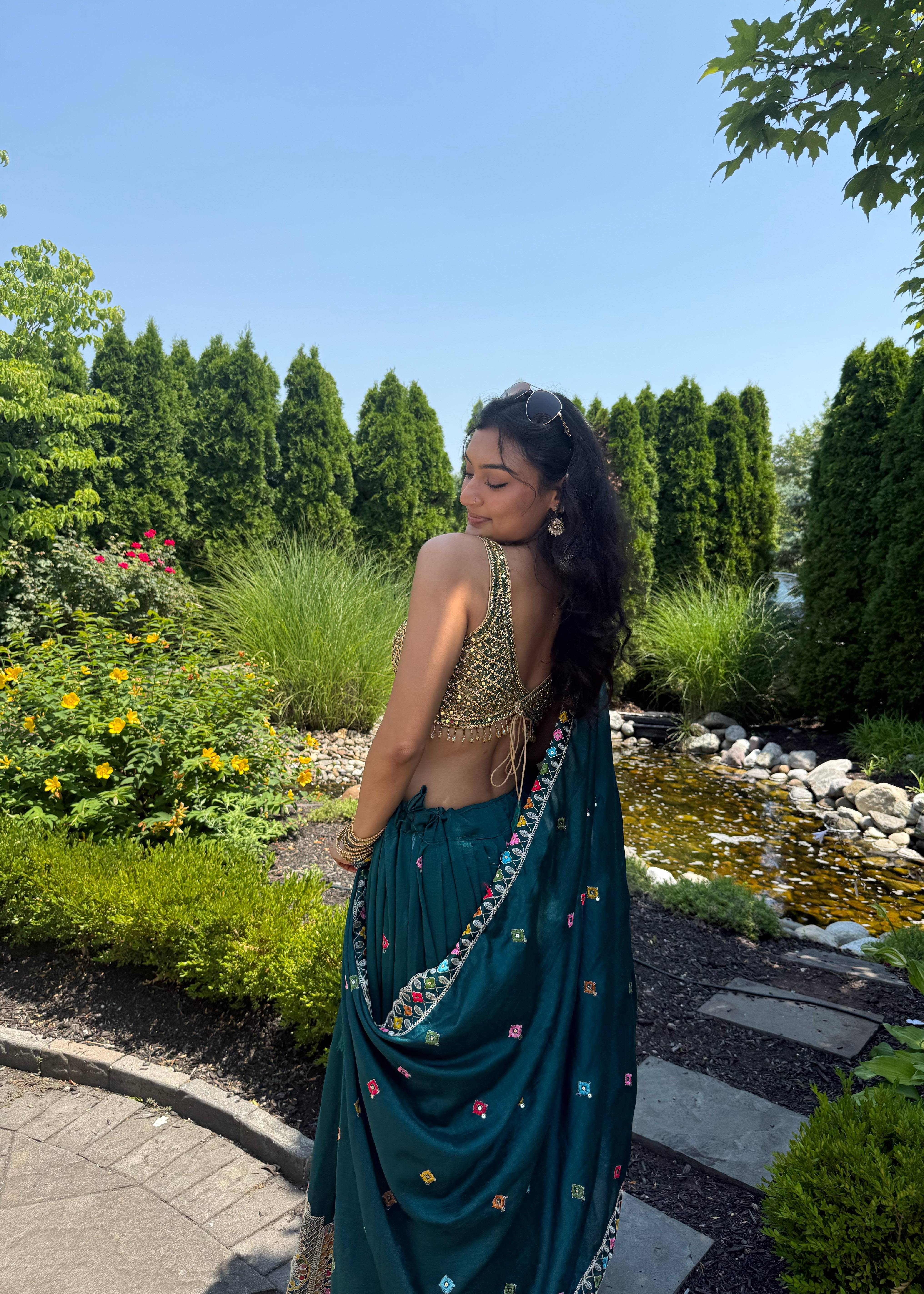 Teal Mirror Work Lehenga Set Image - 3