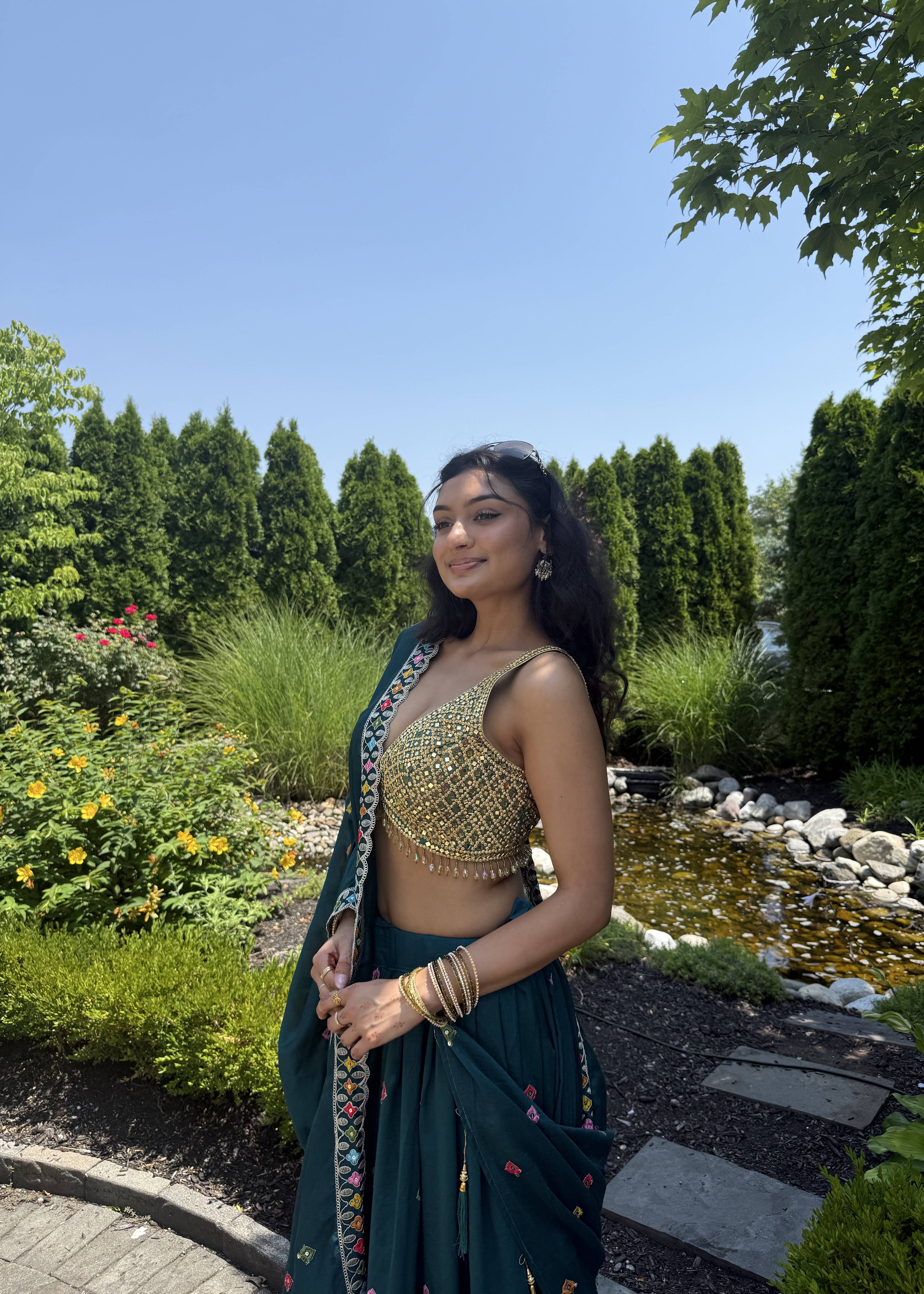 Teal Mirror Work Lehenga Set Image - 1