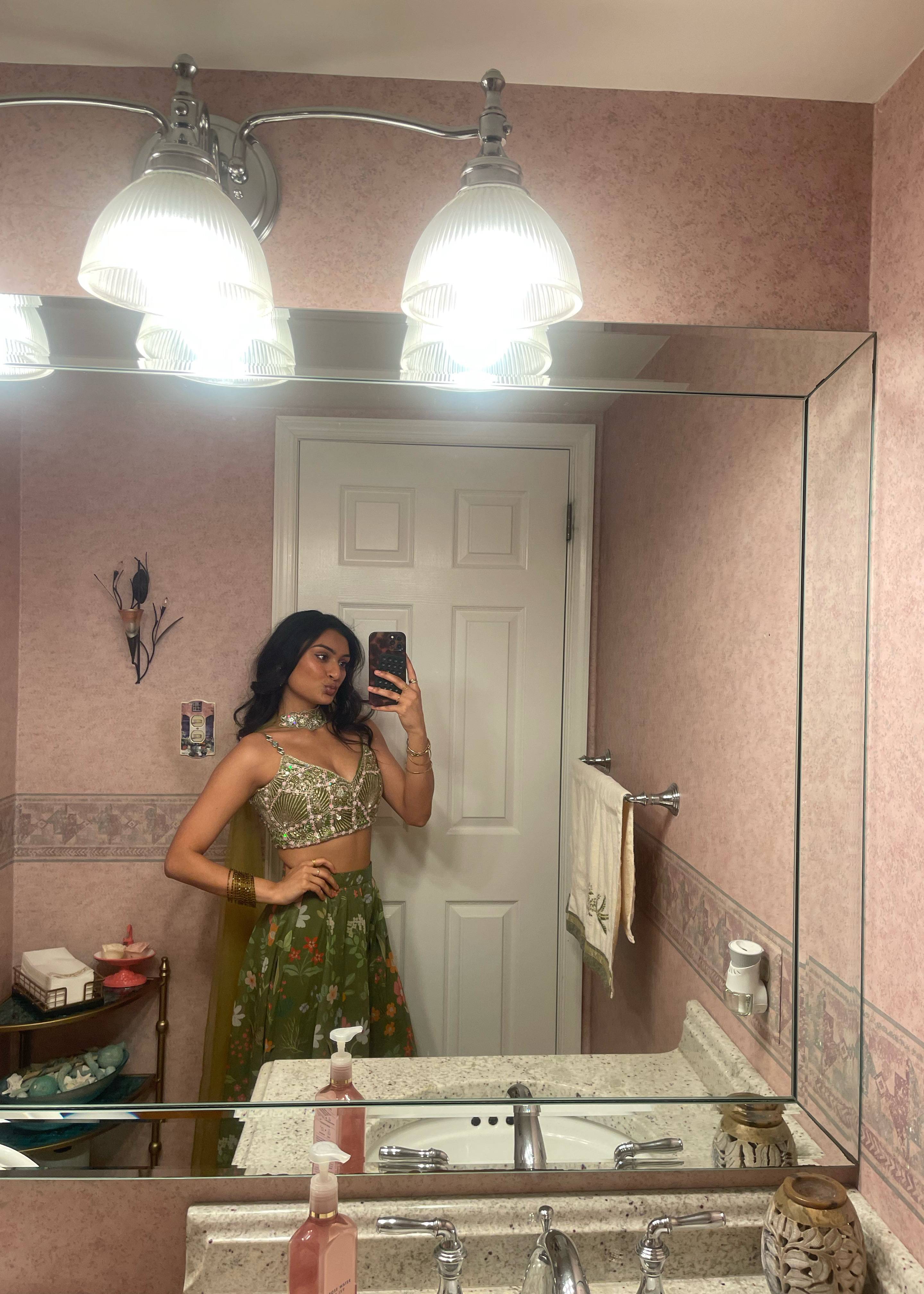 Olive Floral Printed Chiffon Pant Set Image - 4