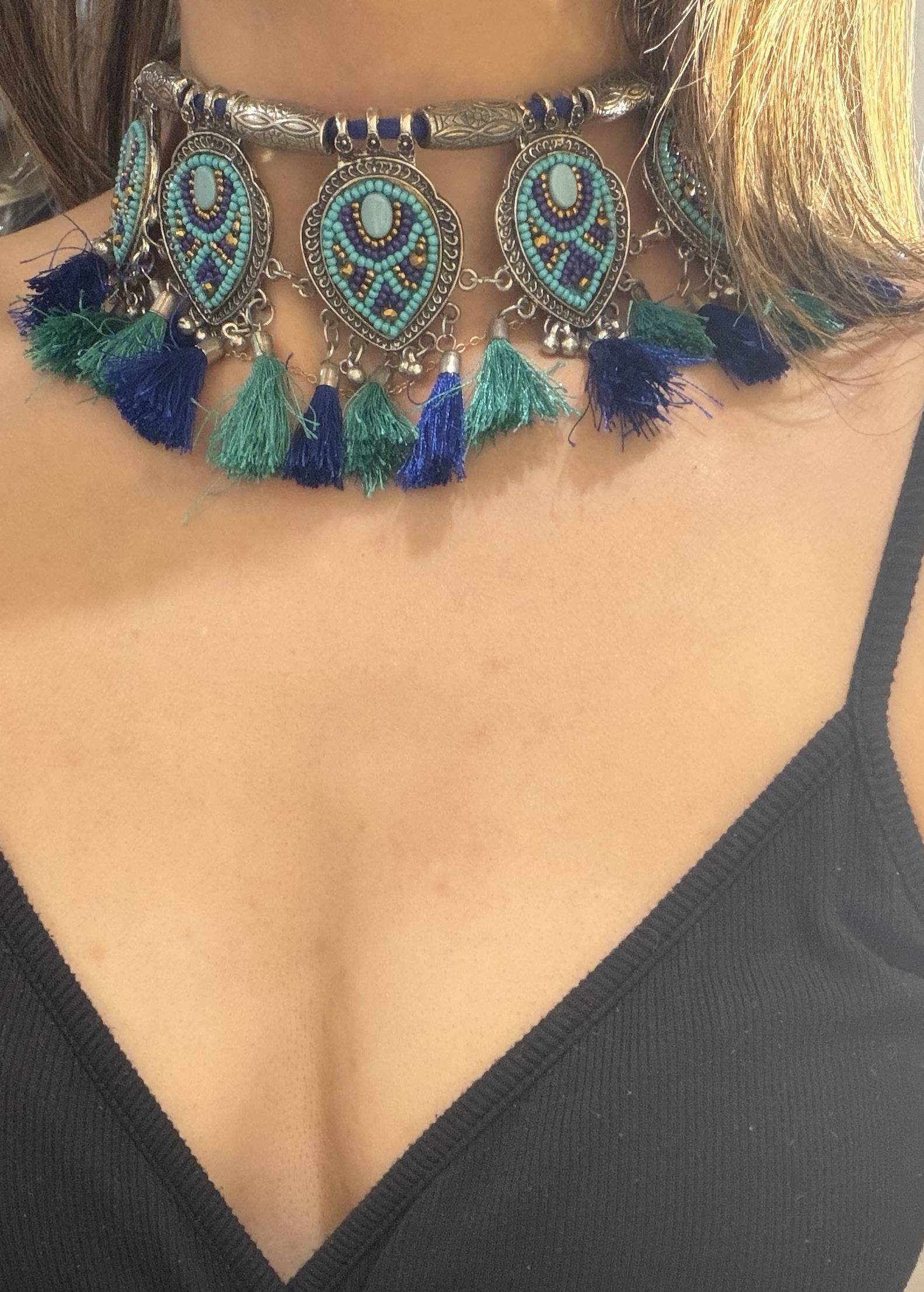 Turquoise Tassel Oxidized Choker Image - 1