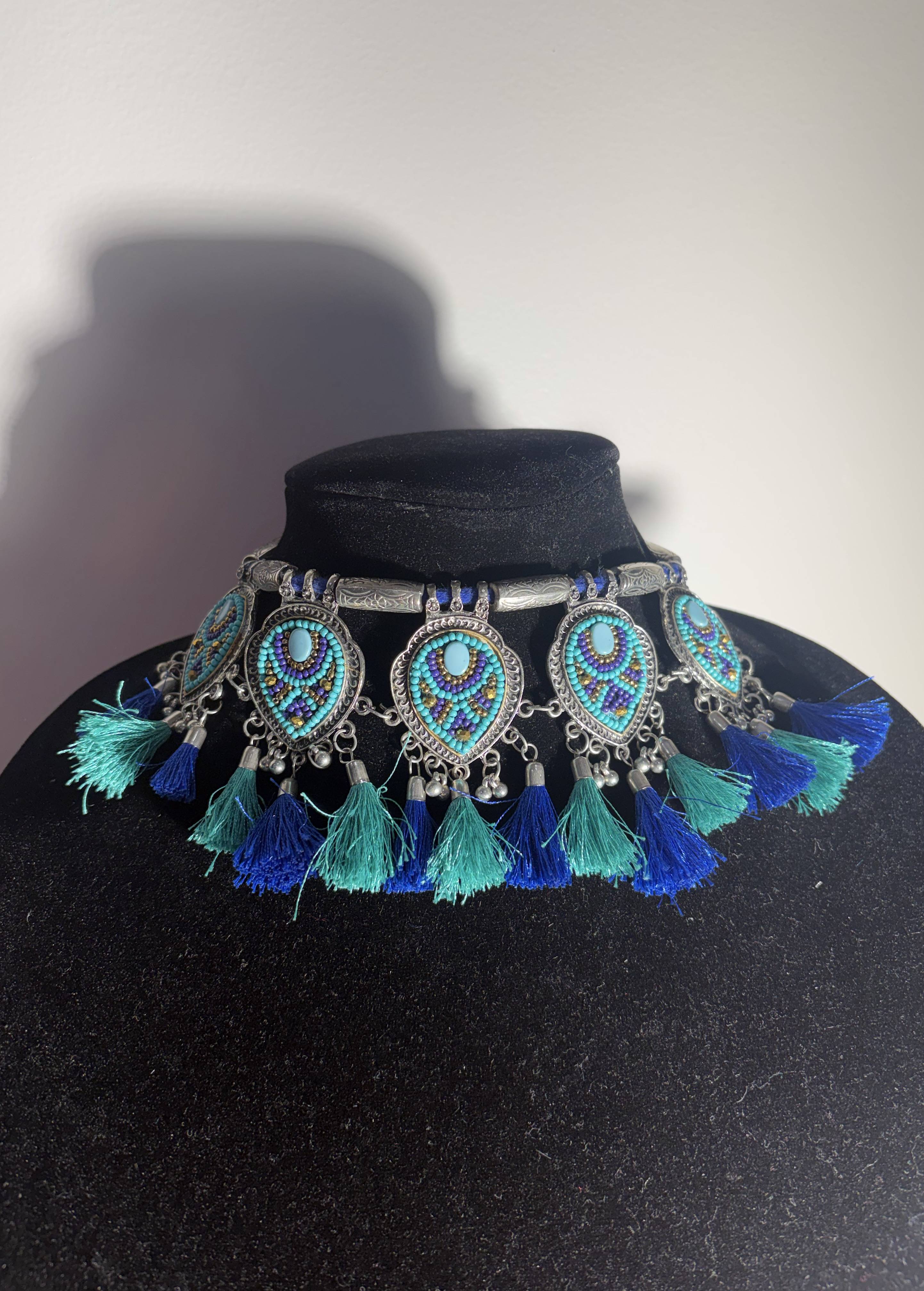 Turquoise Tassel Oxidized Choker Image - 0