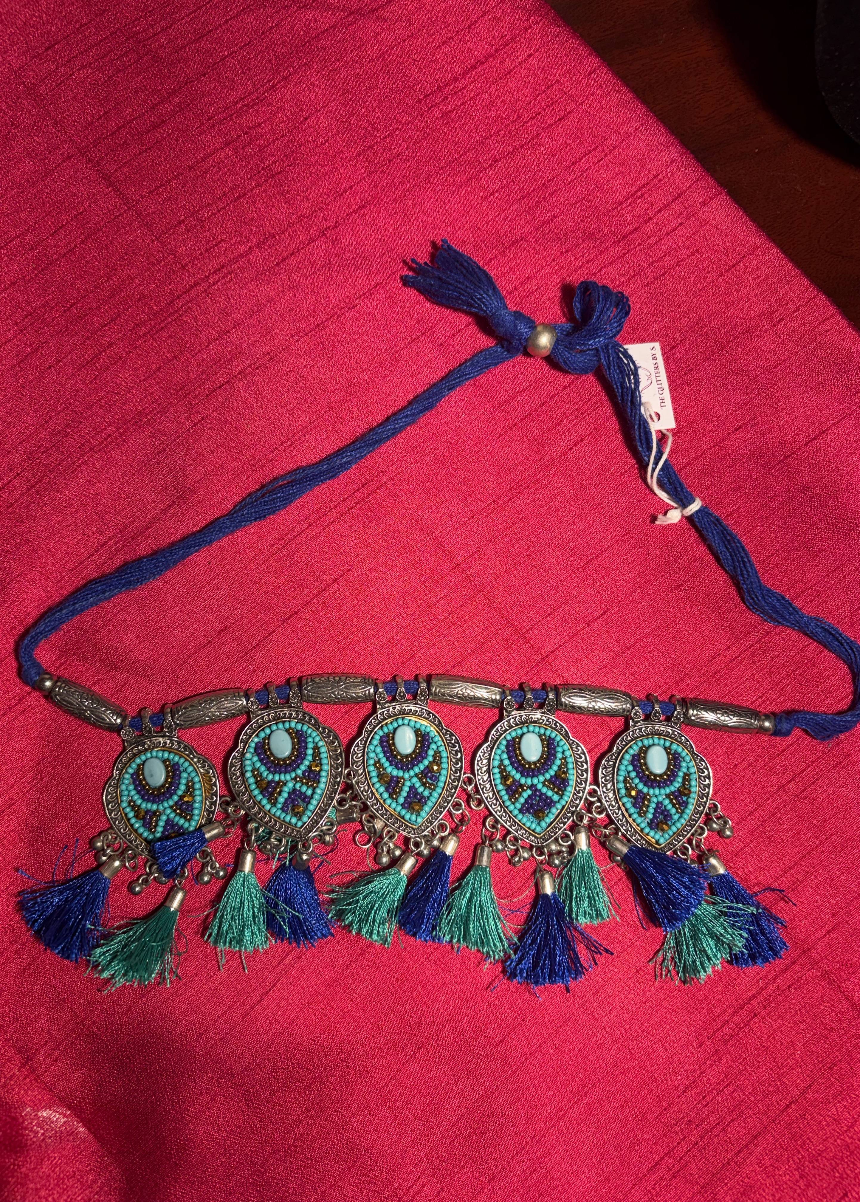 Turquoise Tassel Oxidized Choker Image - 2