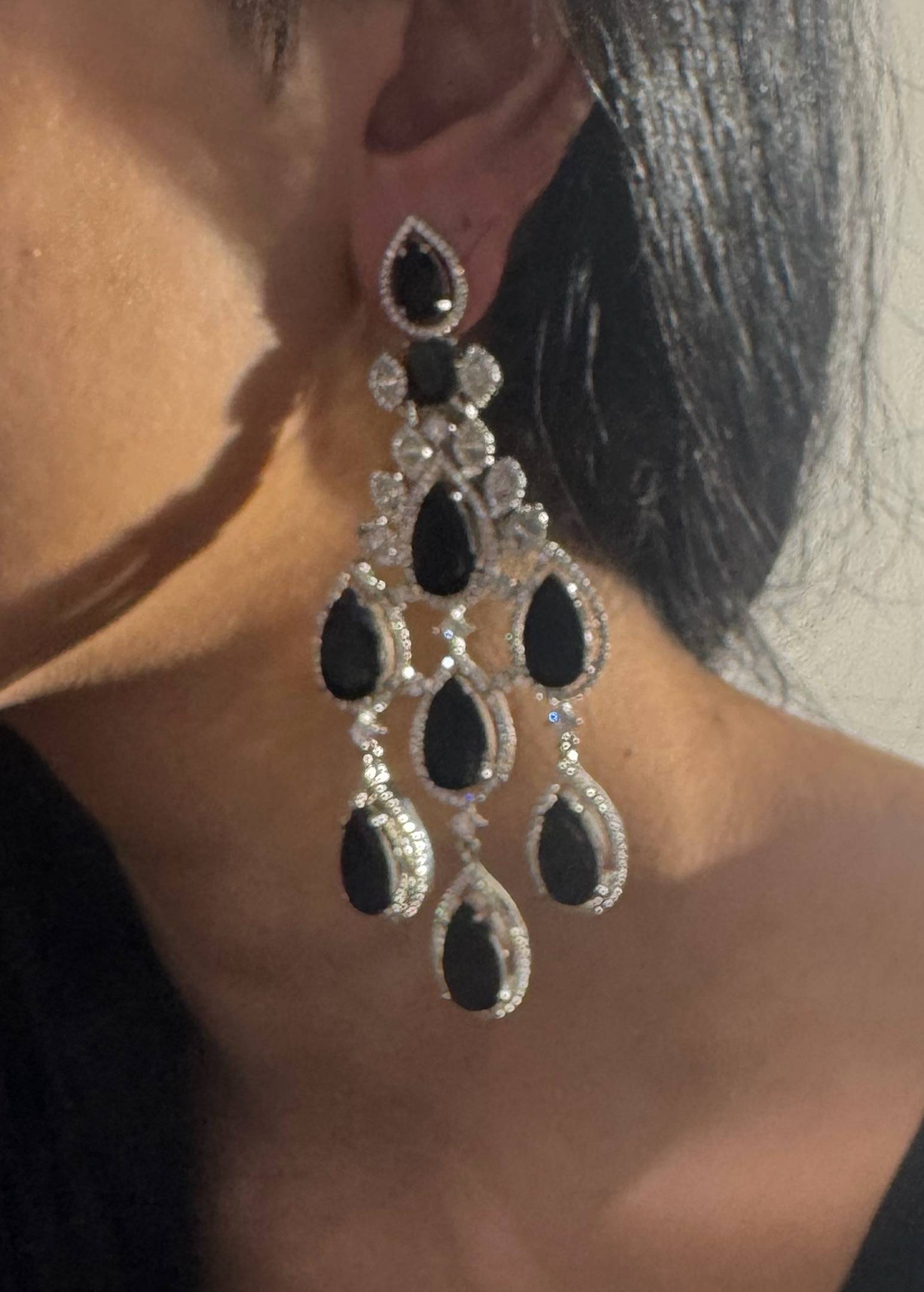 Black Stone Silver Chandelier Earrings Image - 2