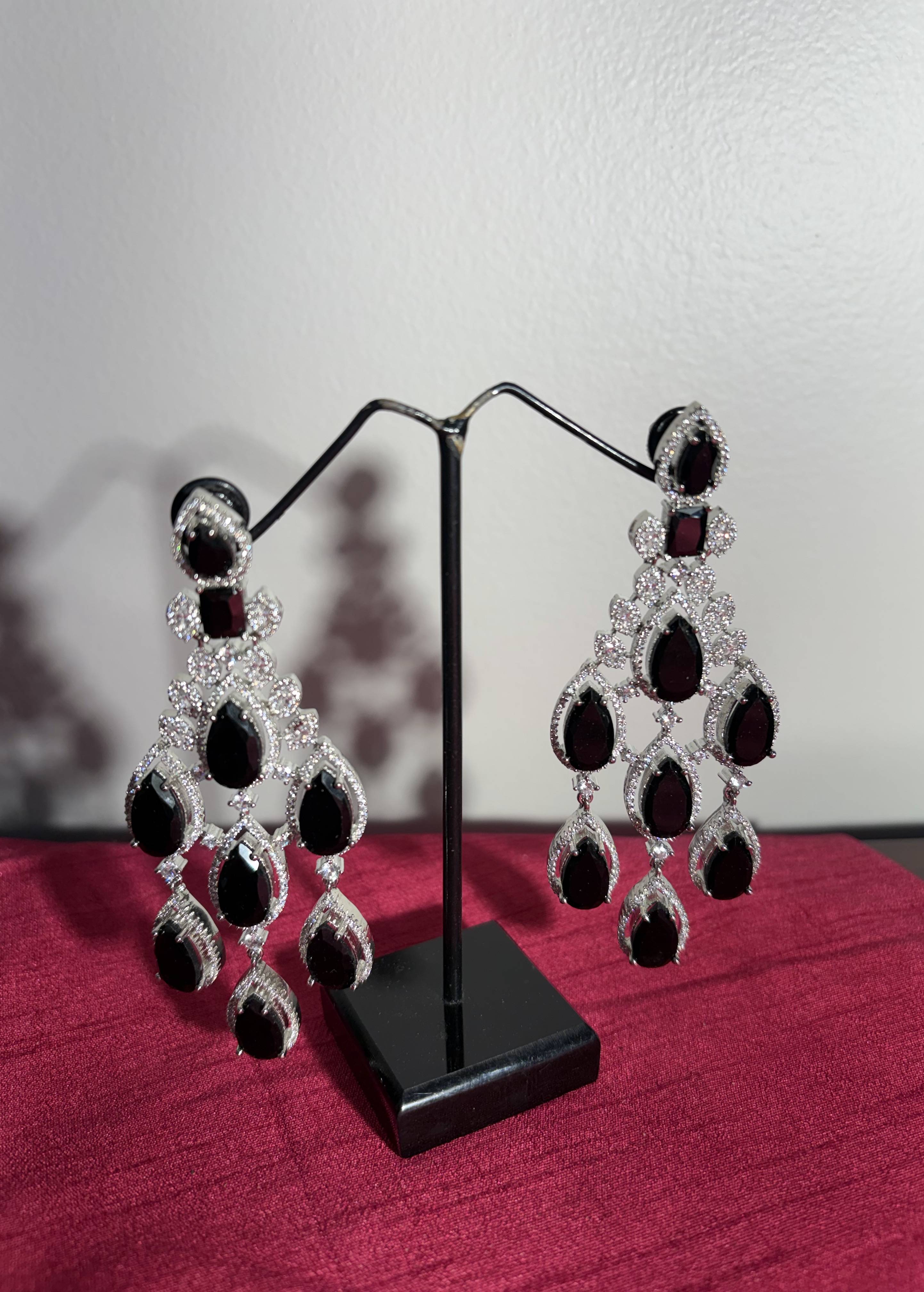 Black Stone Silver Chandelier Earrings Image - 1