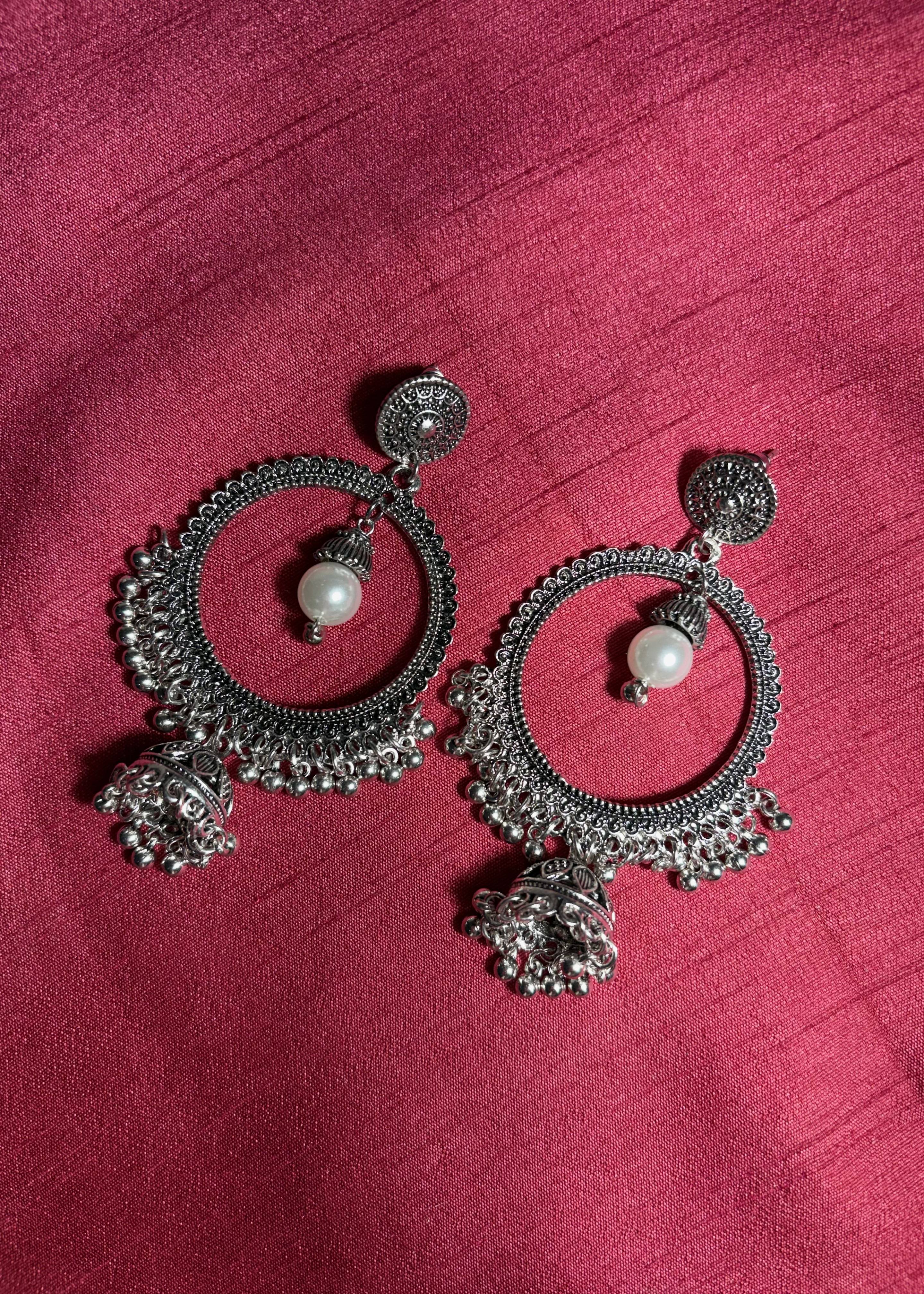 Oxidized Silver Pearl Drop Chandbali Earrings Image - 0